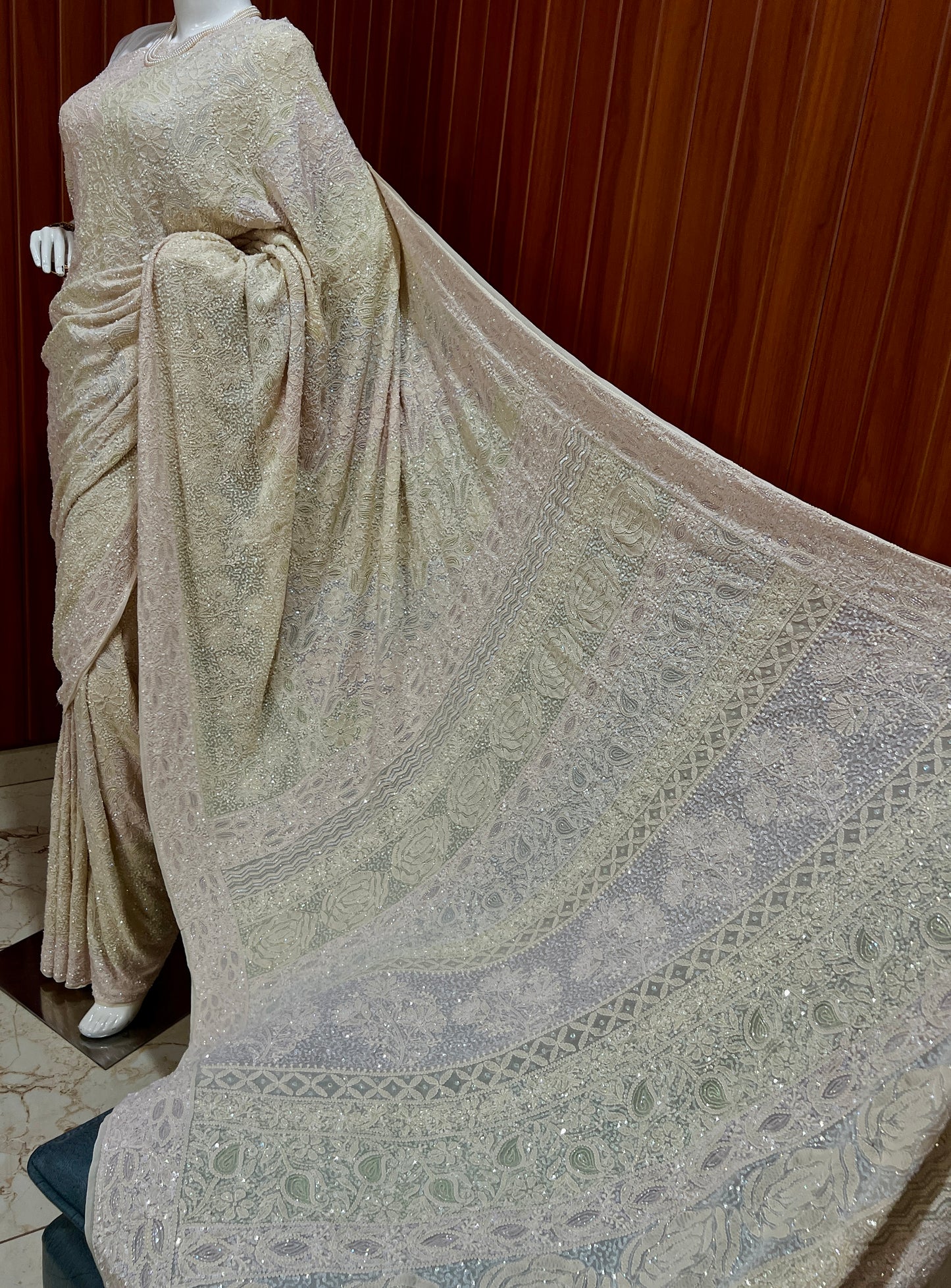 Ruhani Champagne Masterpiece Chikankari and Multicolored Cut Dana Saree
