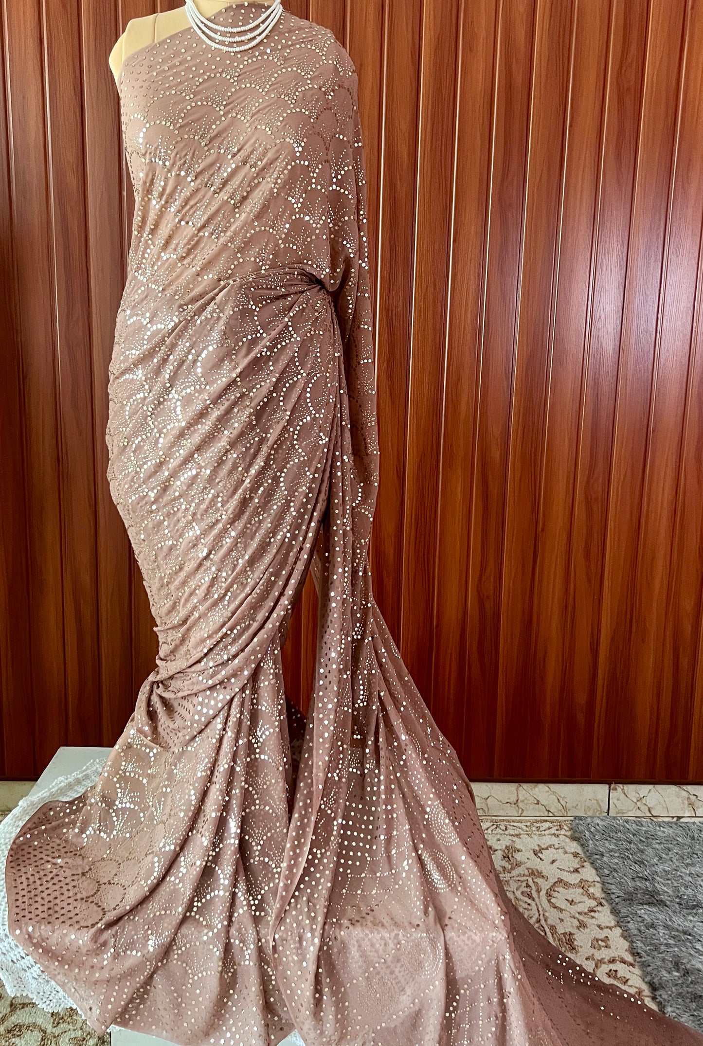 Ruhani Cocoa Brown Heavy Badla & Mukaish Pure Georgette Saree