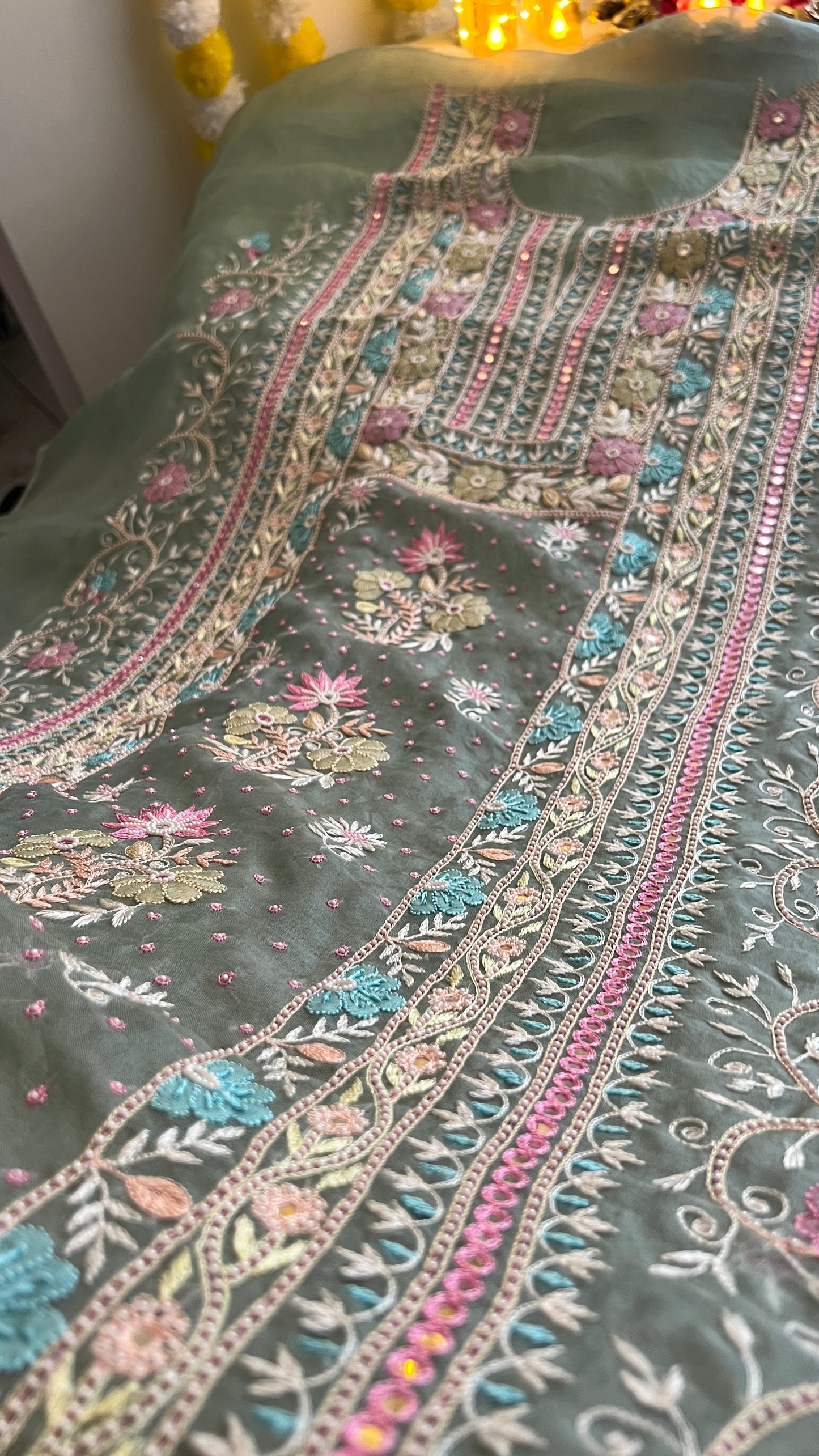 Ruhani Sage Green fine Chikankari pure Organza kurta with dupatta