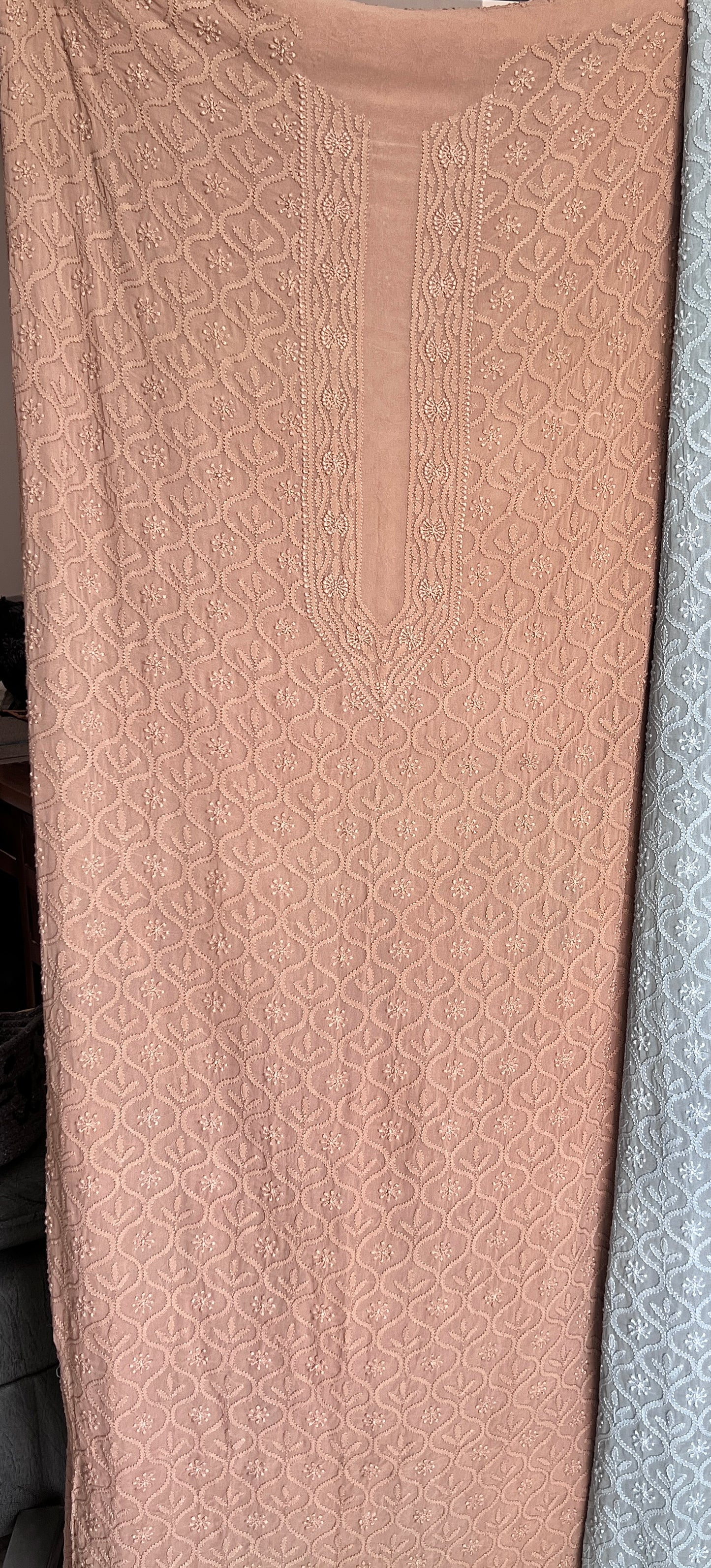 Powder Brown Allover Chikankari Men's Kurta Fabric