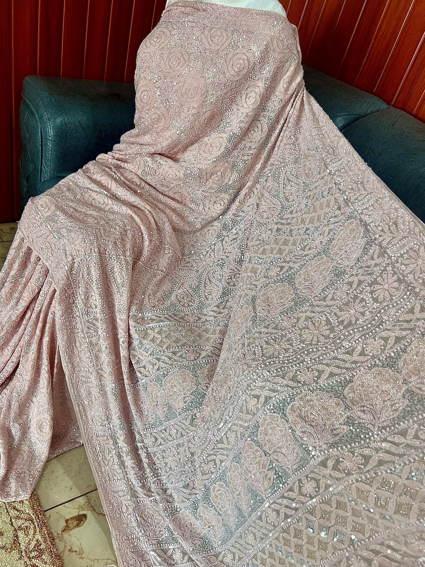 Gulaab Dusty Pink Masterpiece Chikankari Sequins and Cut Dana Saree