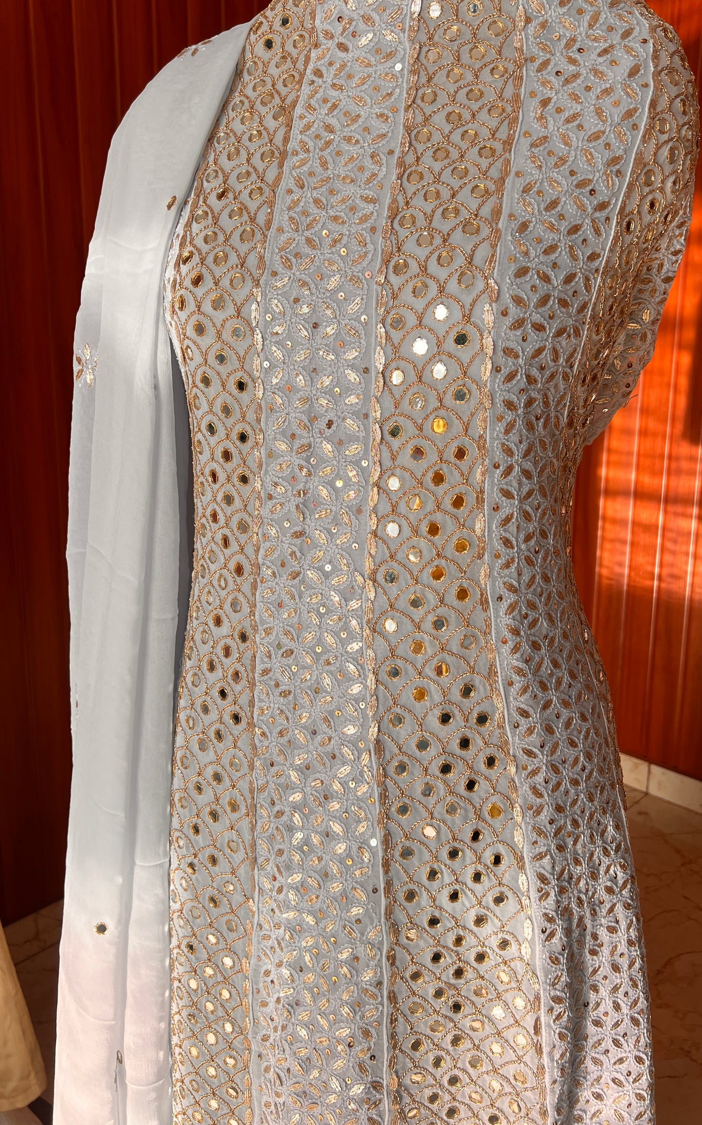 Powder blue Chikankari Mirror Gota Sequins Work Anarkali with Dupatta
