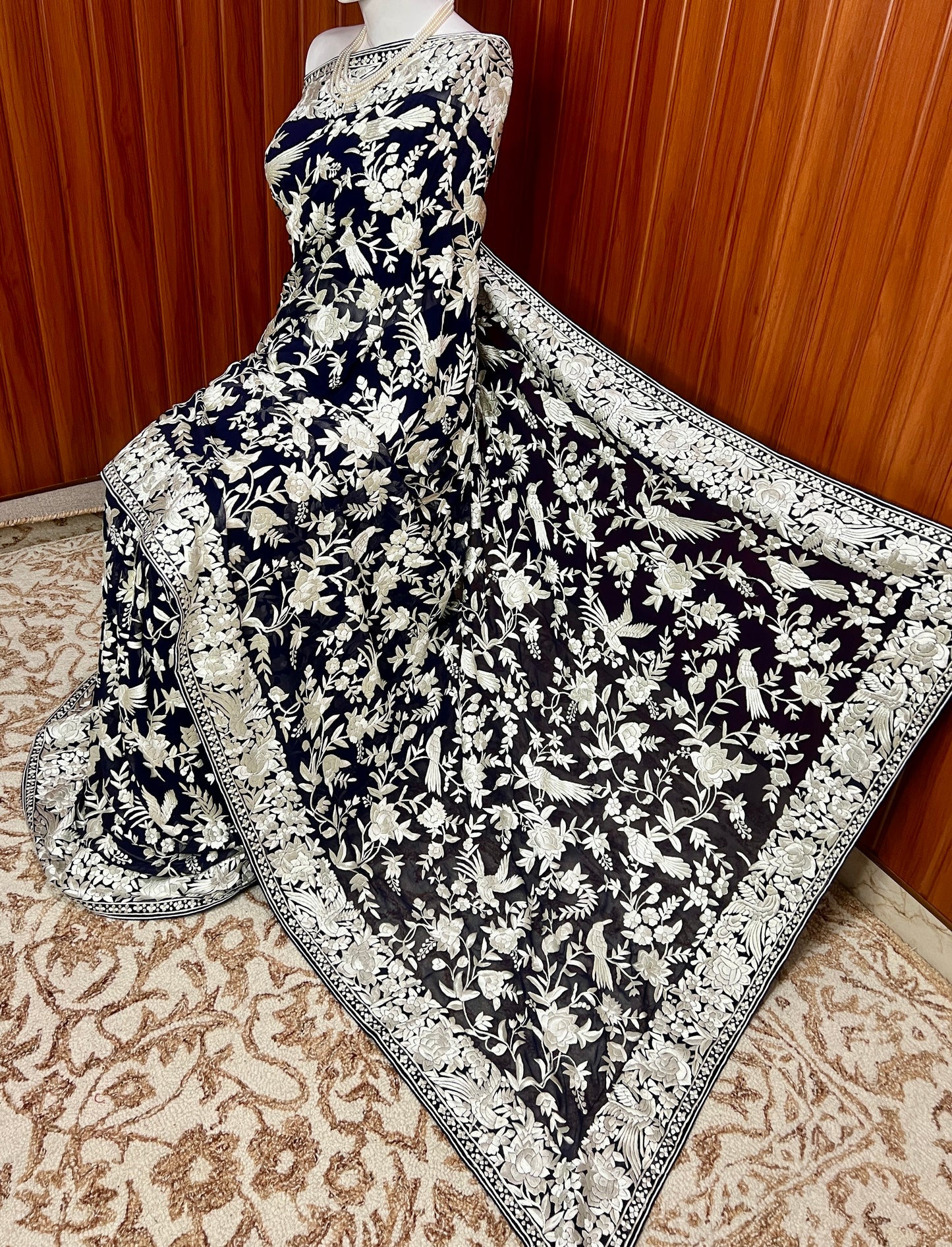 Midnight Blue Parsi Gara Masterpiece Saree
