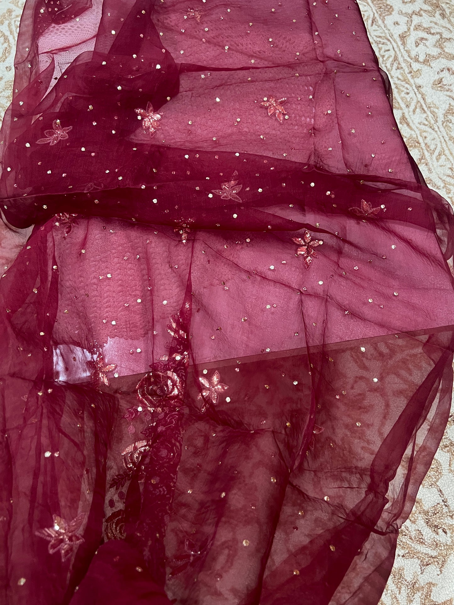 Maroon Badla and Mukaish work pure Organza kurta with dupatta