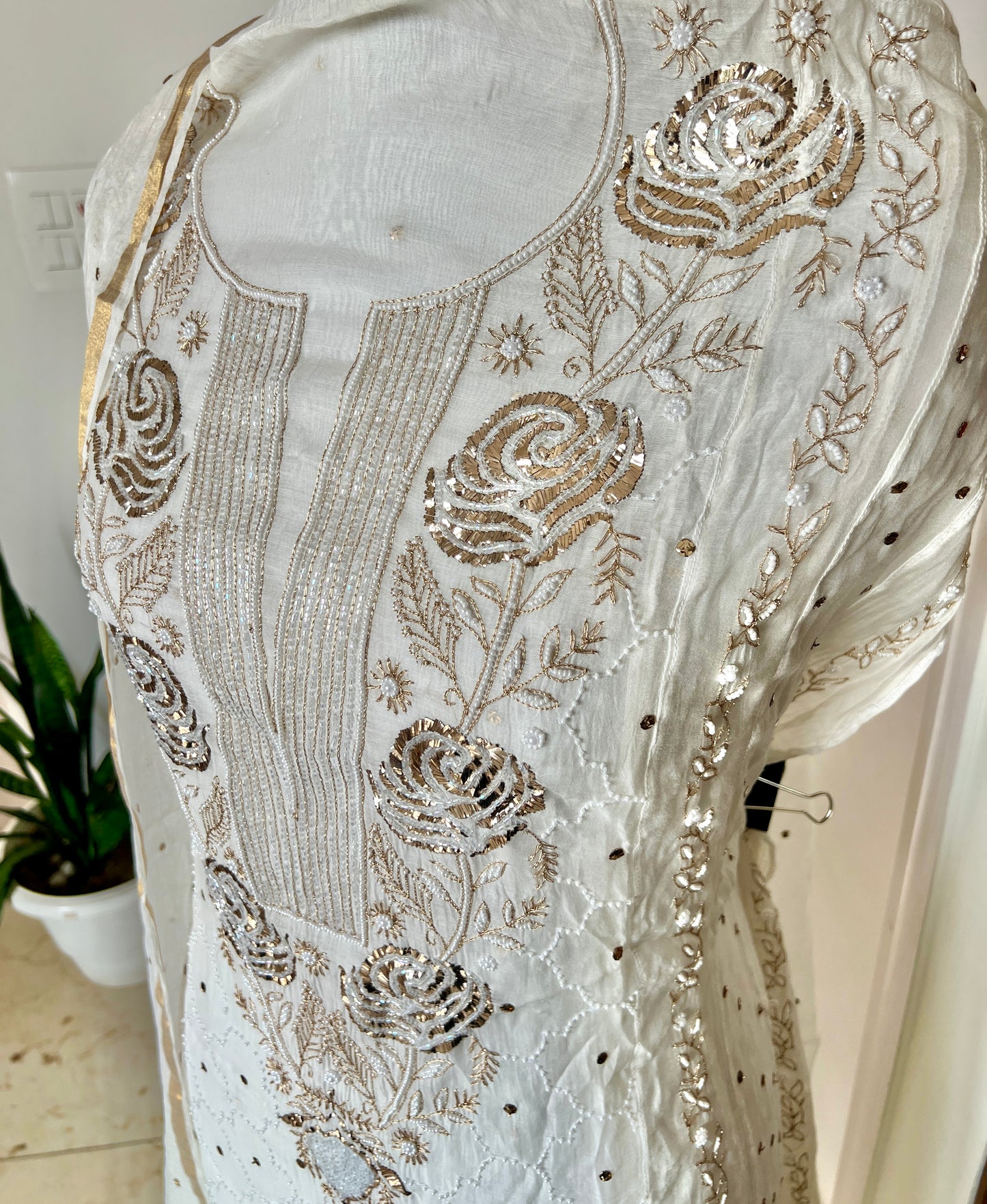 Mul Chanderi Anarkali with Mukaish and pearl work