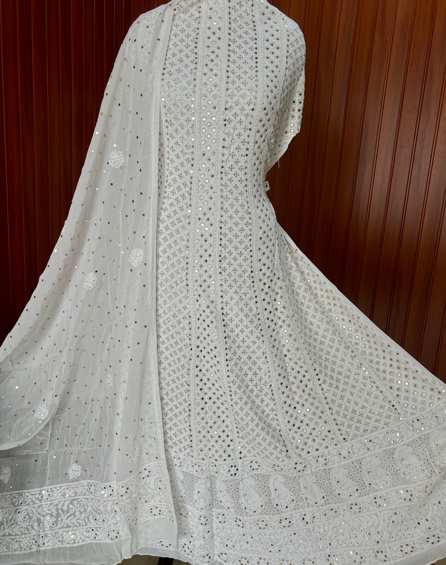 White allover Chikankari and mukaish anarkali with dupatta