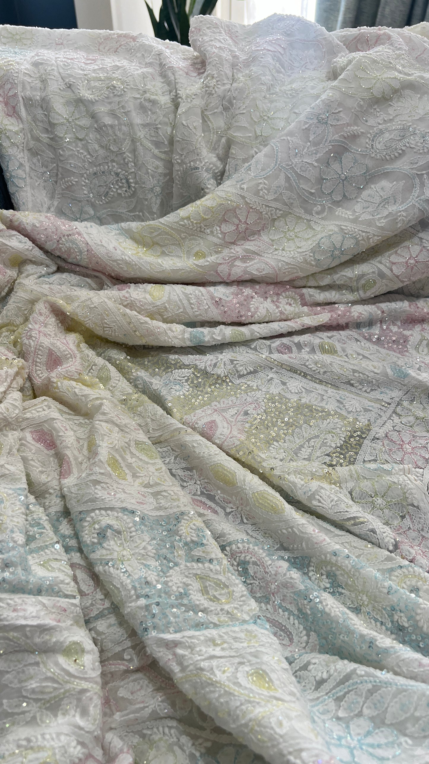 Ruhani White Chikankari and Multicolored Cut Dana Sequins Saree