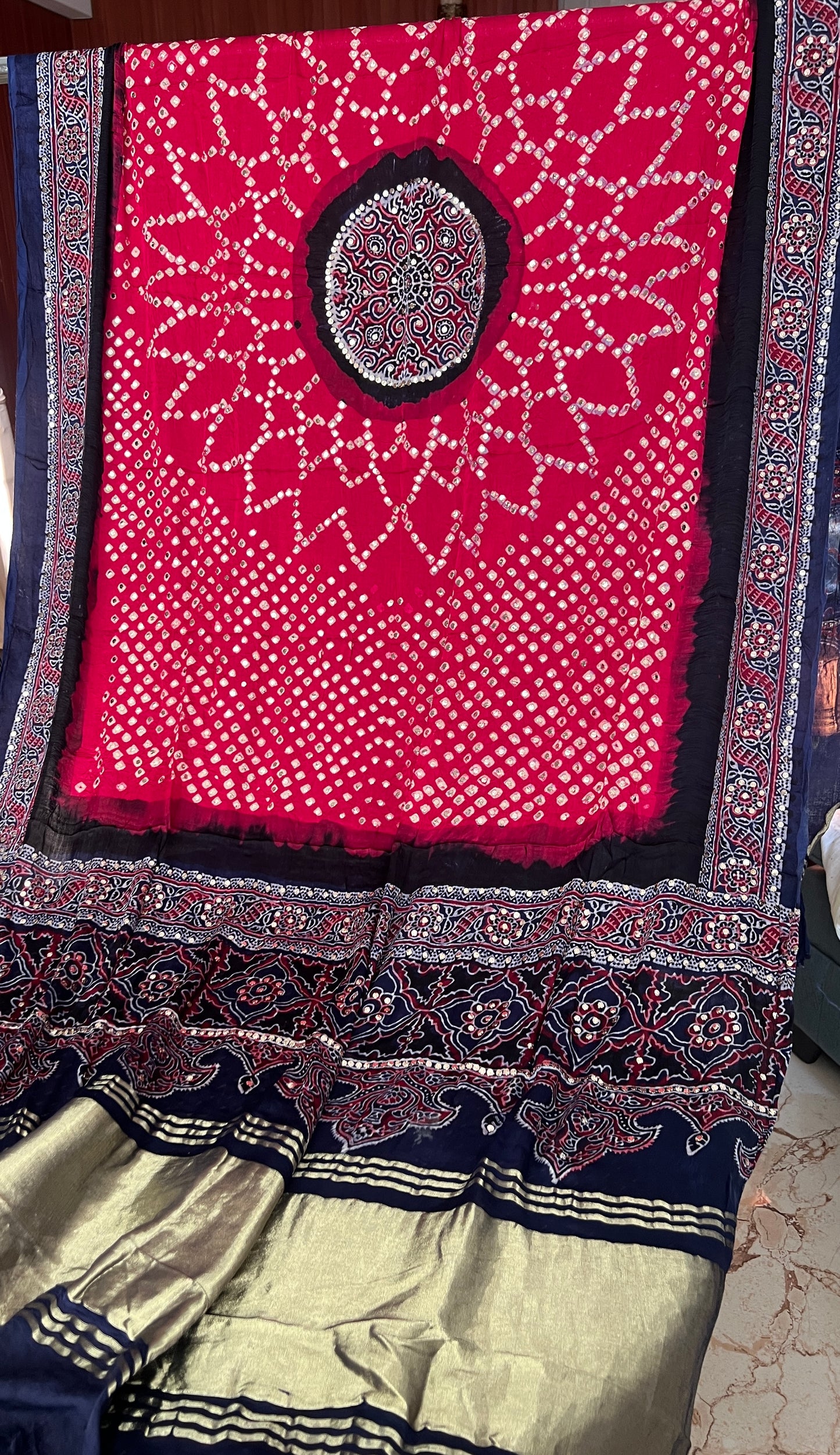 Blue & Magenta modal silk ajrakh and bandhej dupatta with heavy mukaish