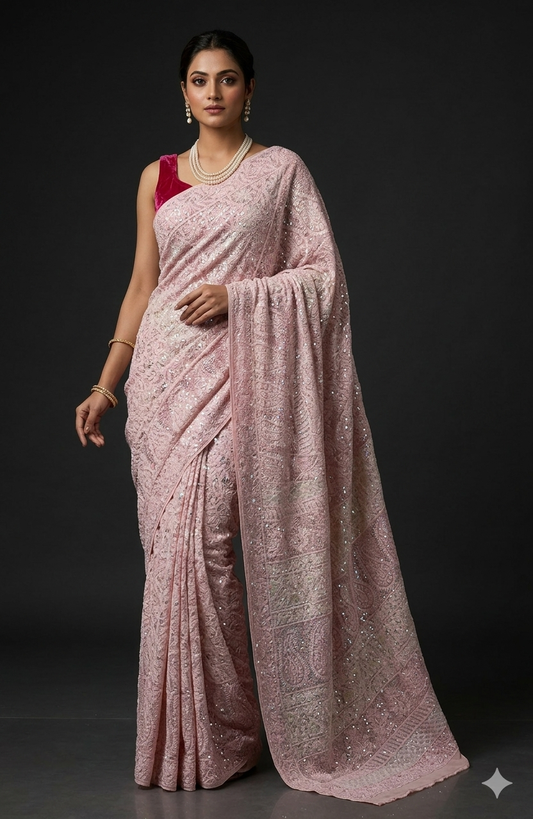 Ruhani Blush Pink Chikankari Multi Cut Dana and Sequins Saree