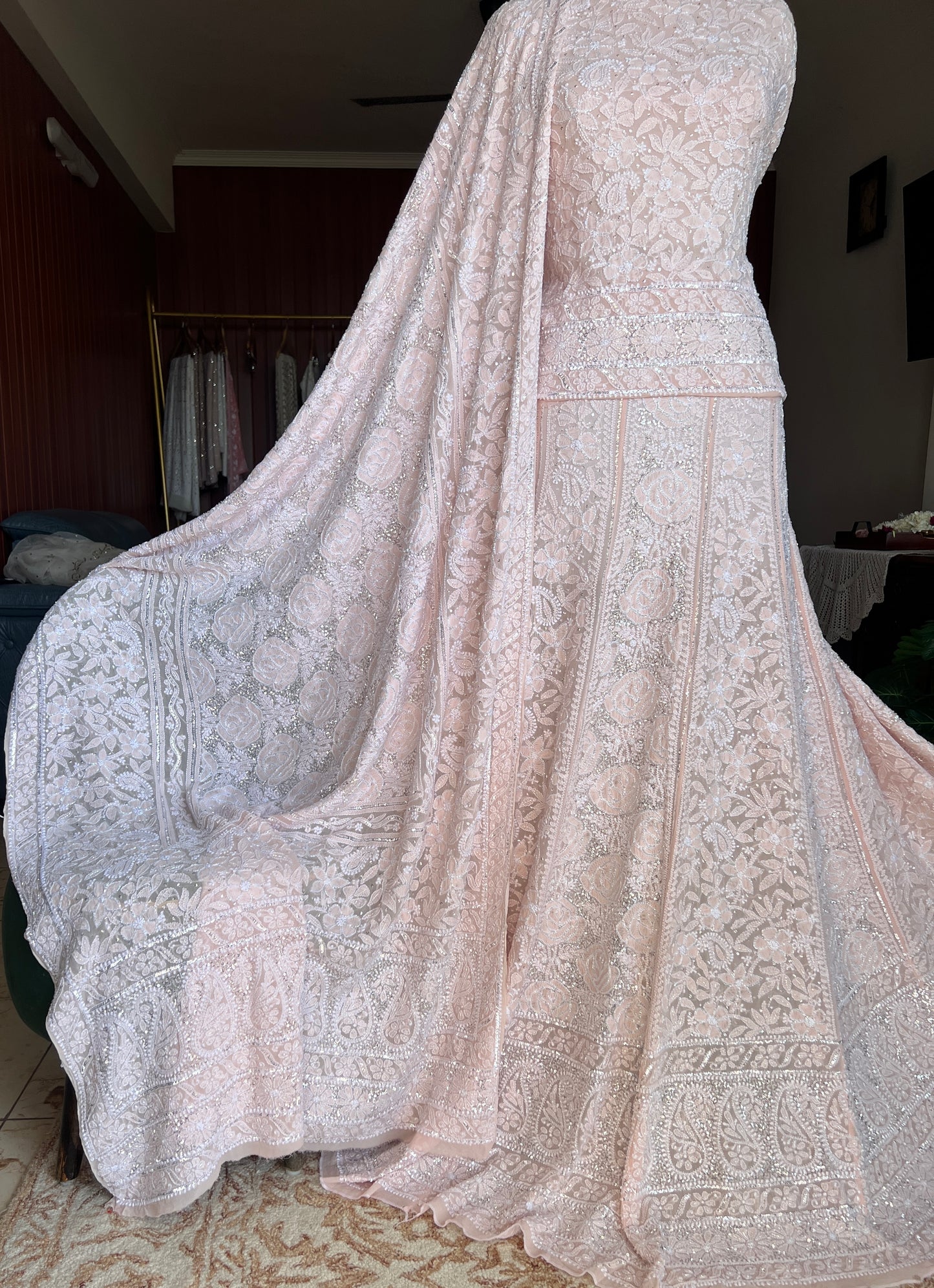 Masterpiece Ruhani Powder Peach Chikankari Sequins Cut Dana Wedding Lehenga