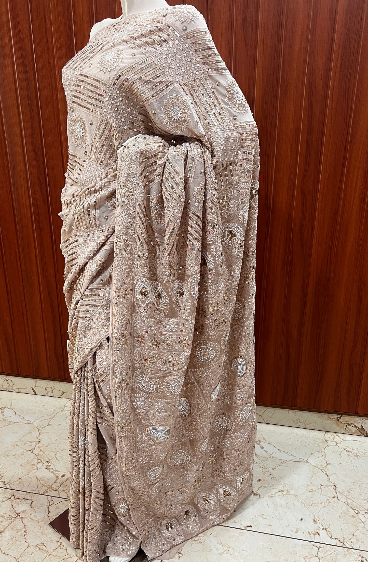 Ruhani Powder brown Chikankari Saree with Sequins Pearl and Aari Embroidery
