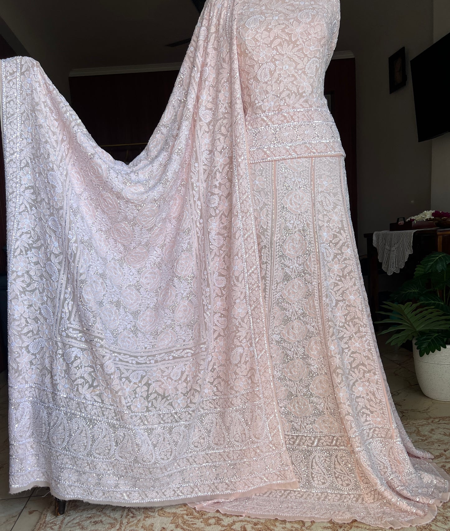 Masterpiece Ruhani Powder Peach Chikankari Sequins Cut Dana Wedding Lehenga
