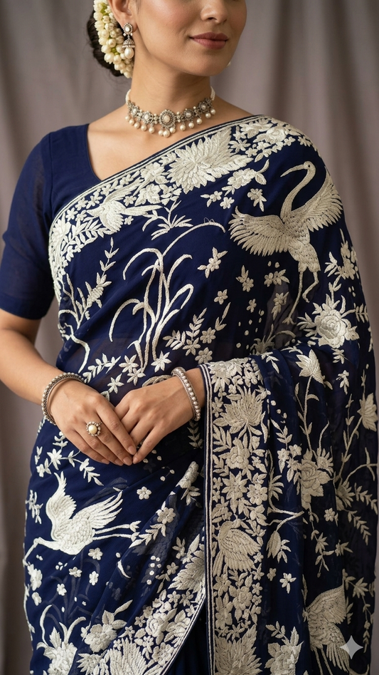 Navy Blue Masterpiece Parsi Gara Pure Georgette Saree