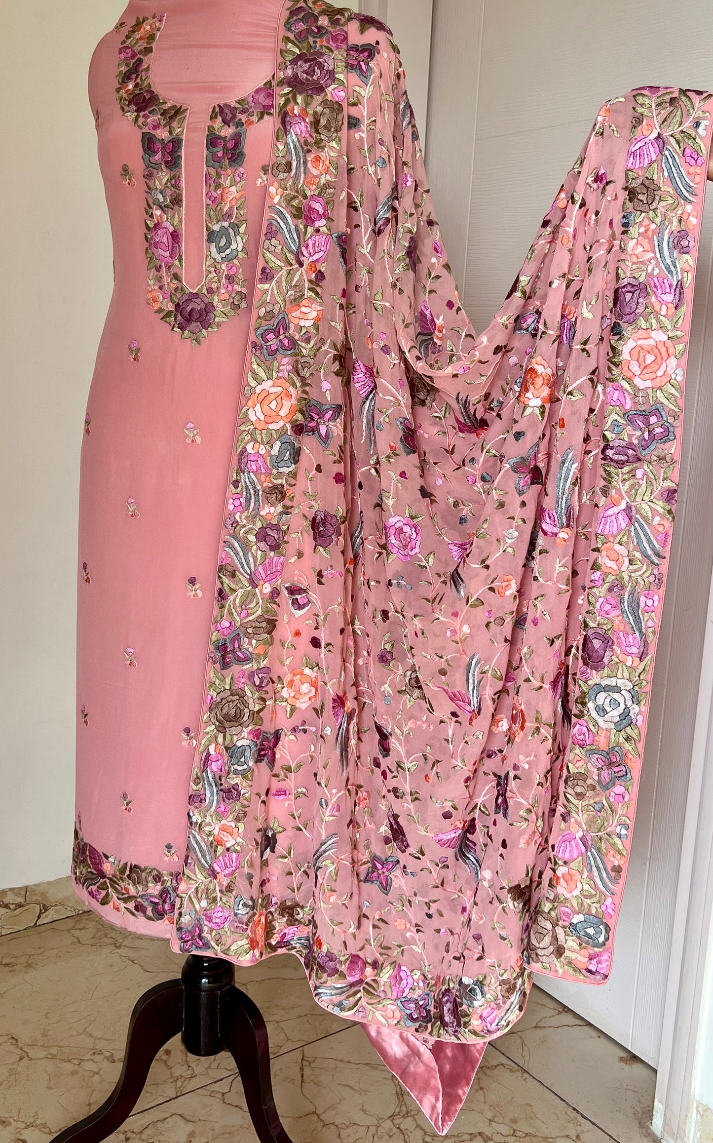 Coral Pink Hand Embroidered Parsi Gara full suit