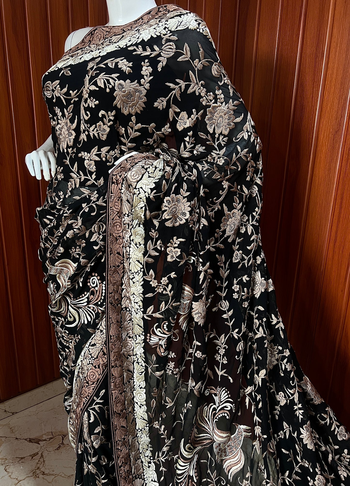 Black Masterpiece Parsi Gara Pure Georgette Saree