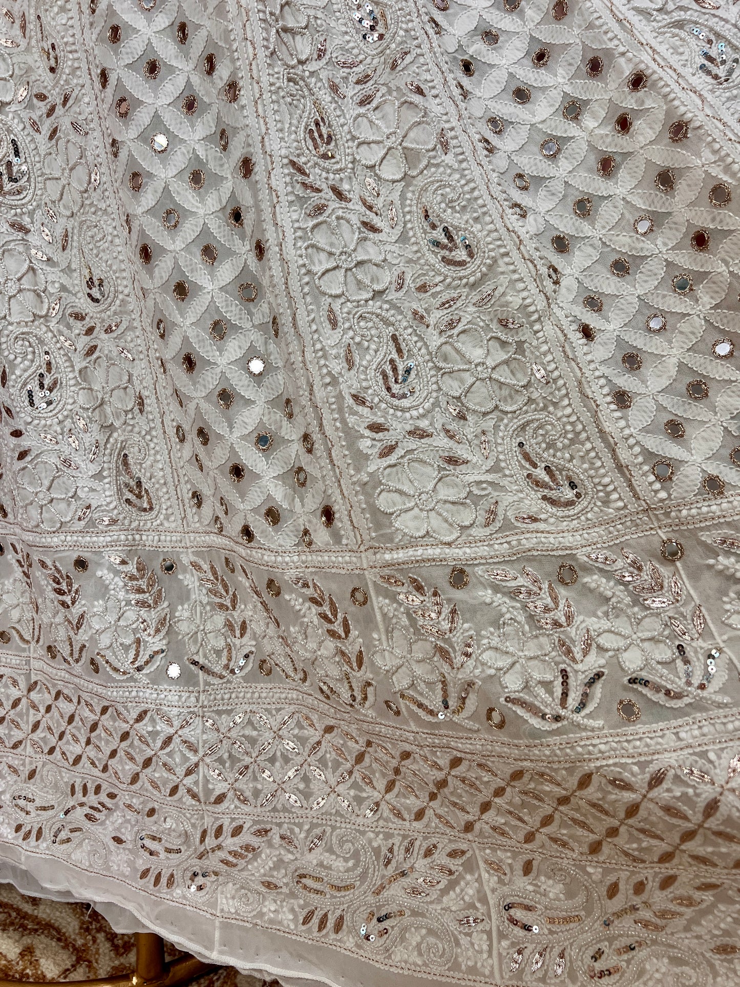 Off White Chikankari Mirror Pearl Sequins Anarkali with Dupatta