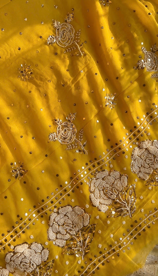 Yellow Badla Mukaish and Pearl Embroidered Kurta & Dupatta Set