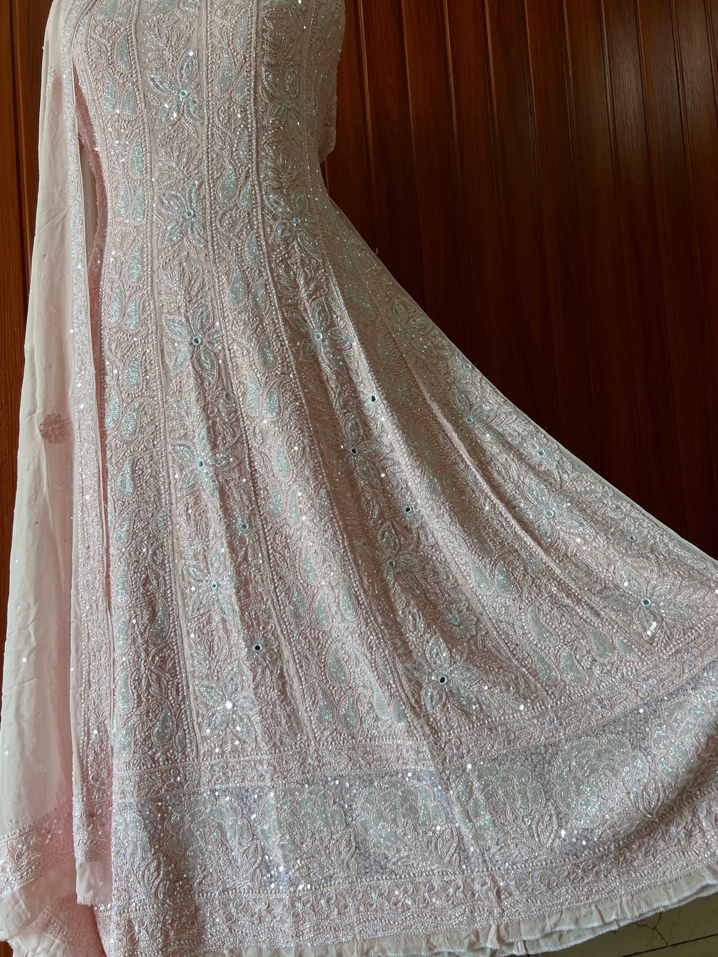 Ruhani Peachy Chikankari Sequins and Cut Dana Anarkali