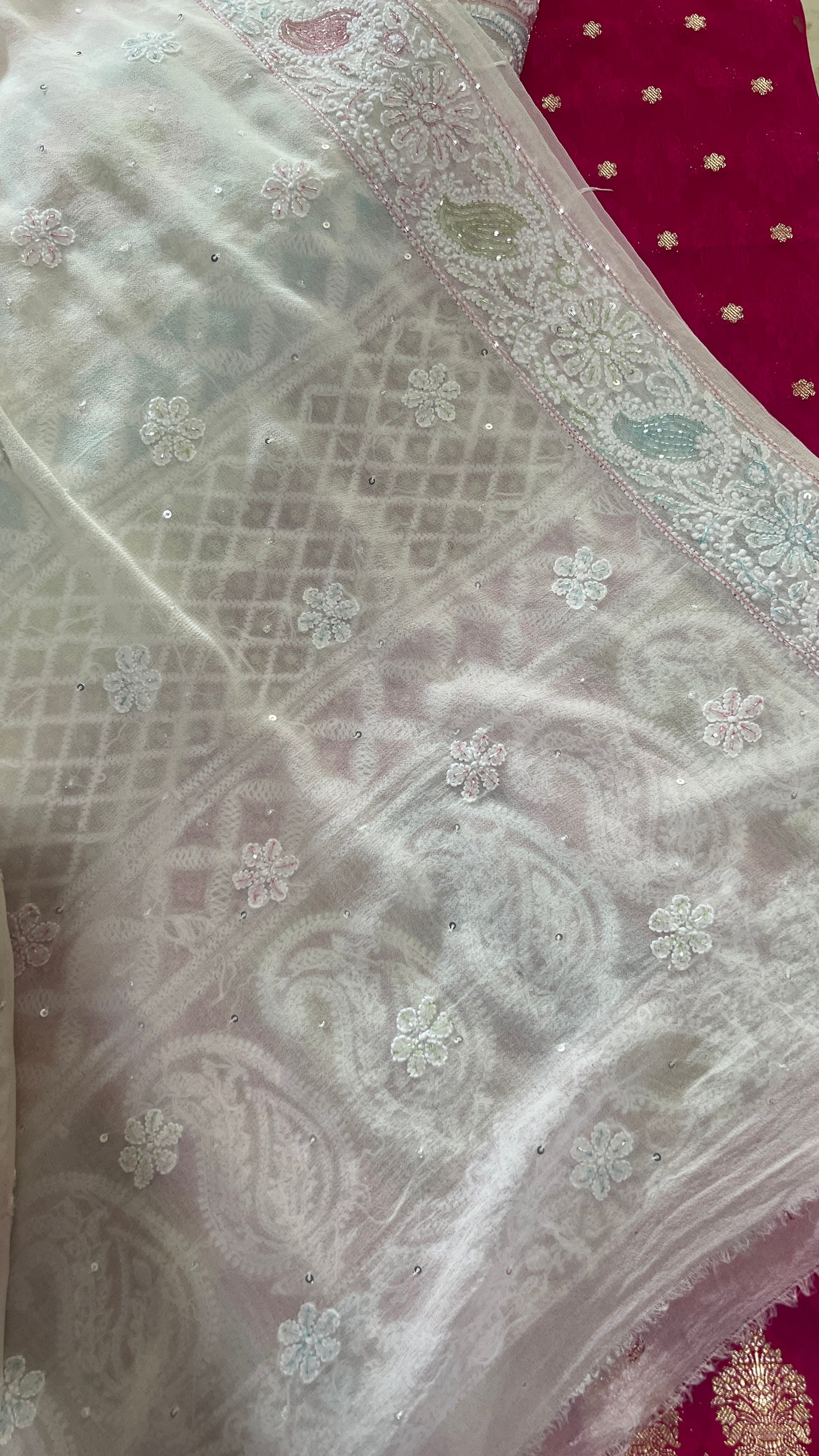 Ruhani Ivory Chikankari multicolored Cut Dana and Sequins Saree