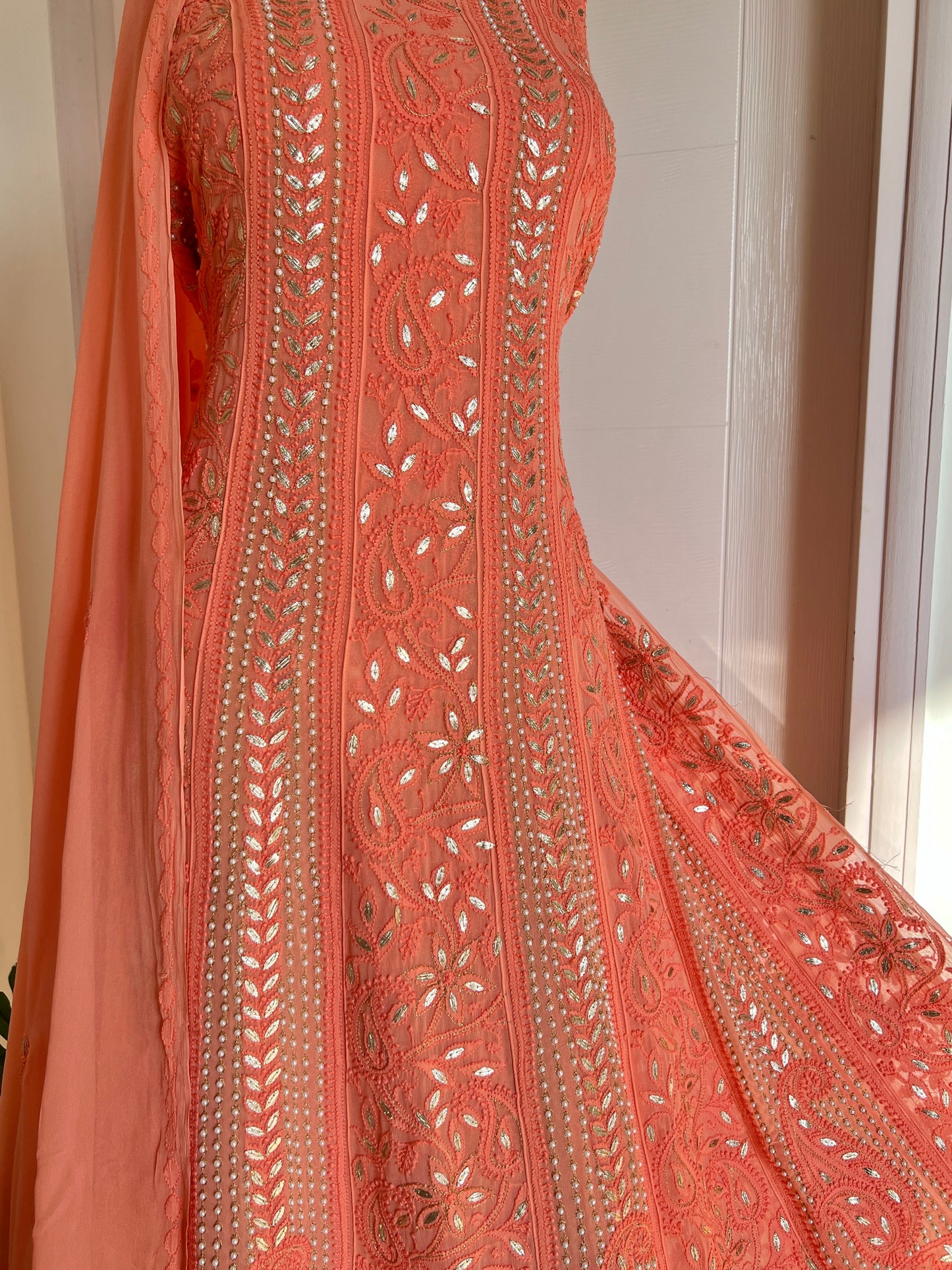 Peach Chikankari pearl and Gota Patti Anarkali