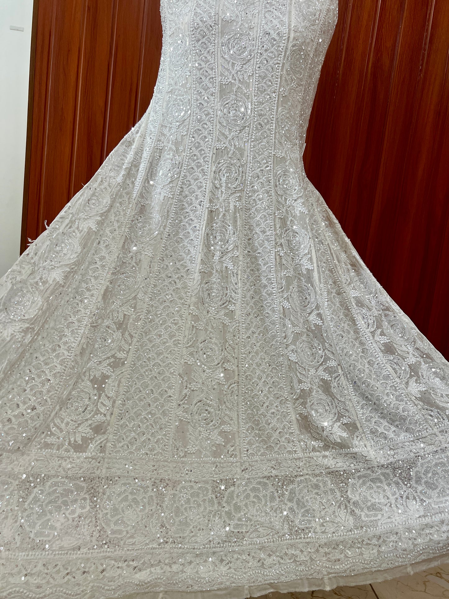 Ruhani White Chikankari Sequins and Cut Dana Anarkali