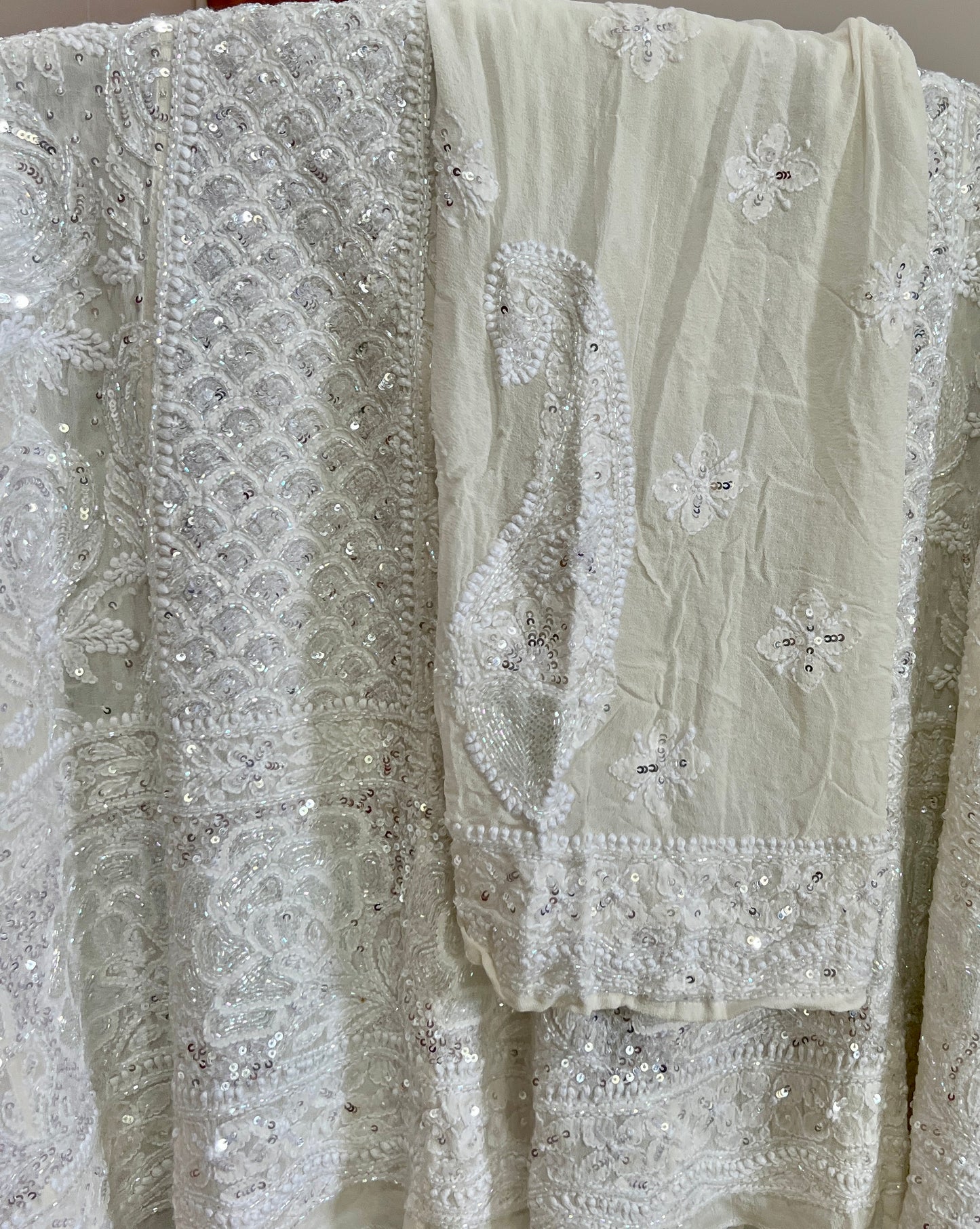 Ruhani White Chikankari Sequins and Cut Dana Anarkali