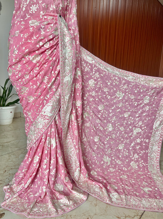 Pink Masterpiece Parsi Gara Pure Crepe Saree