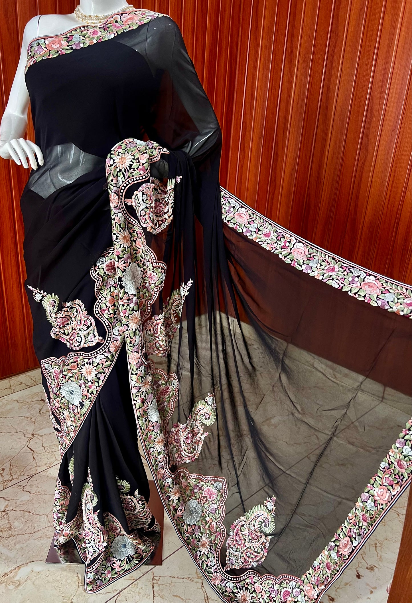Black Masterpiece Parsi Gara Pure Georgette Saree