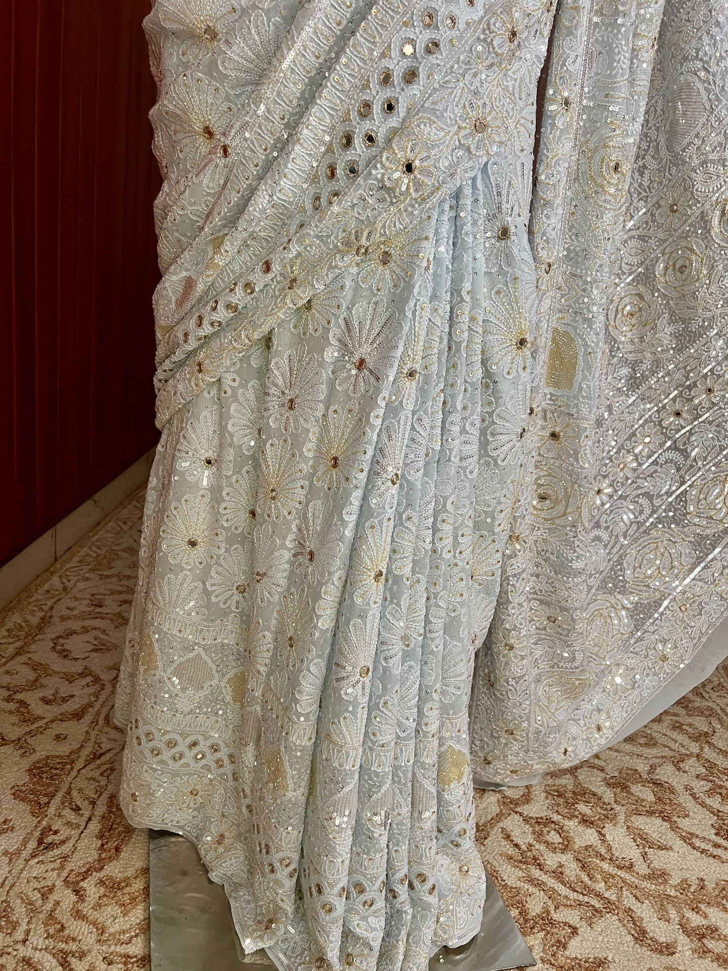 Ruhani Powder Blue Chikankari Sequins Cut Dana Embroidered Masterpiece Saree