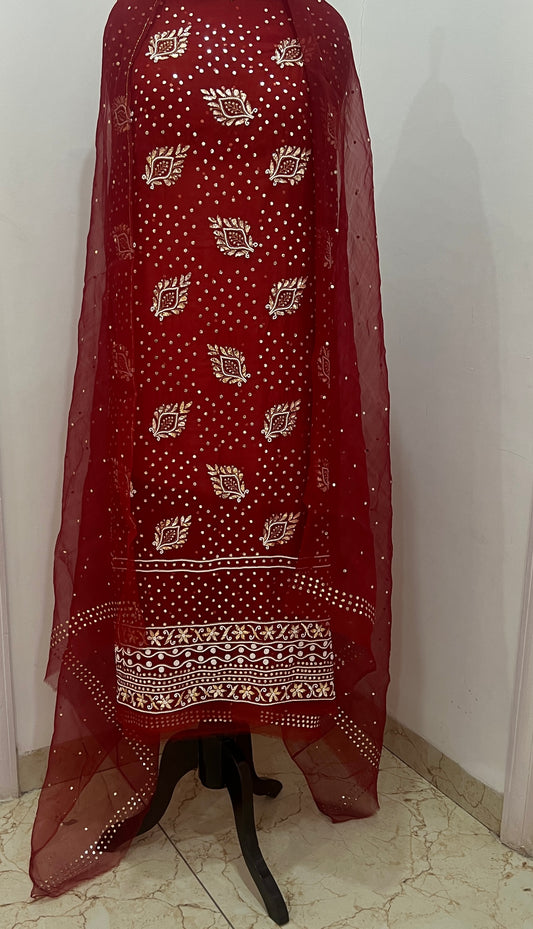 Maroon Badla Mukaish and pearl work pure Organza kurta with dupatta