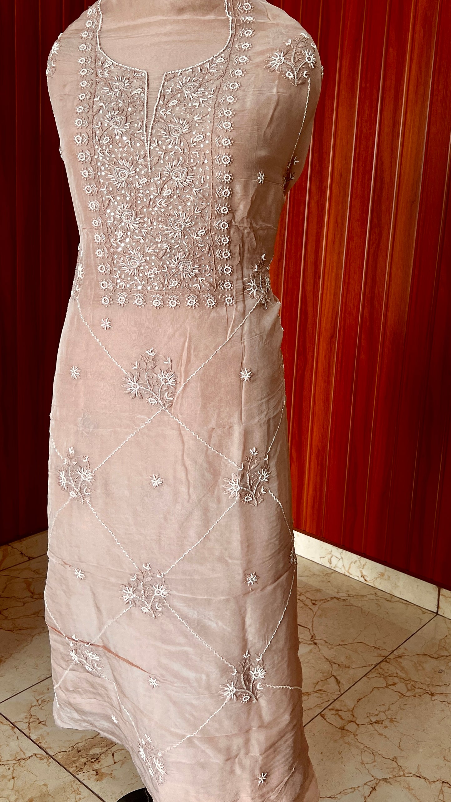 Nude brown Chikankari and pearl work Organza kurta with dupatta