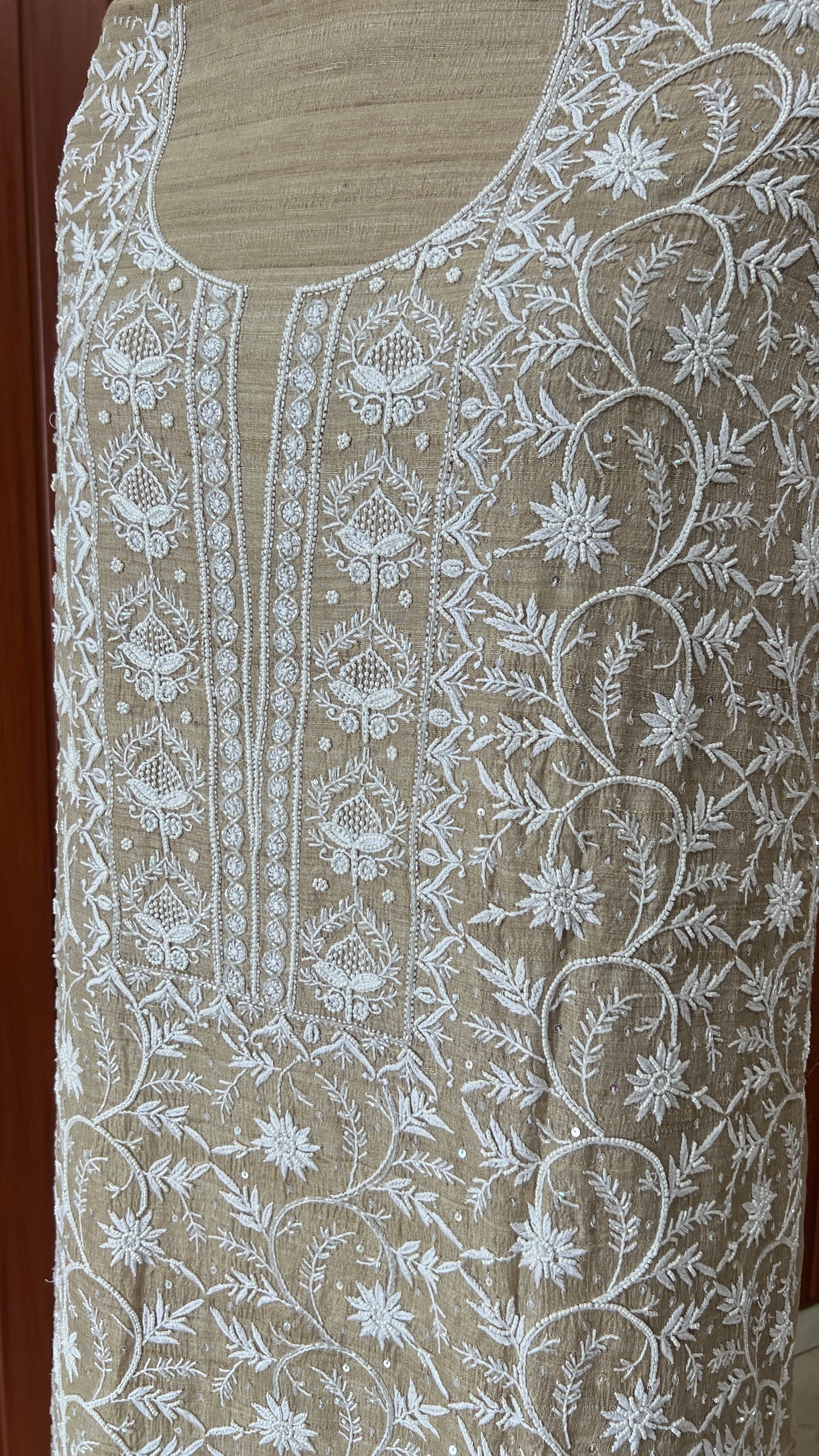 Pure Tussar silk Chikankari and pearl embroidered kurta and dupatta