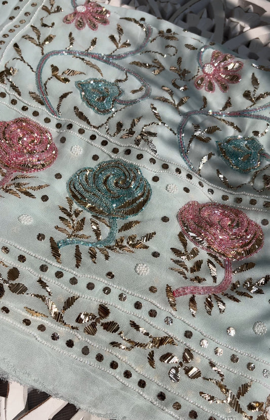 Ruhani Powder blue Mukaish and Cut dana Embroidered Kurta & Dupatta Set