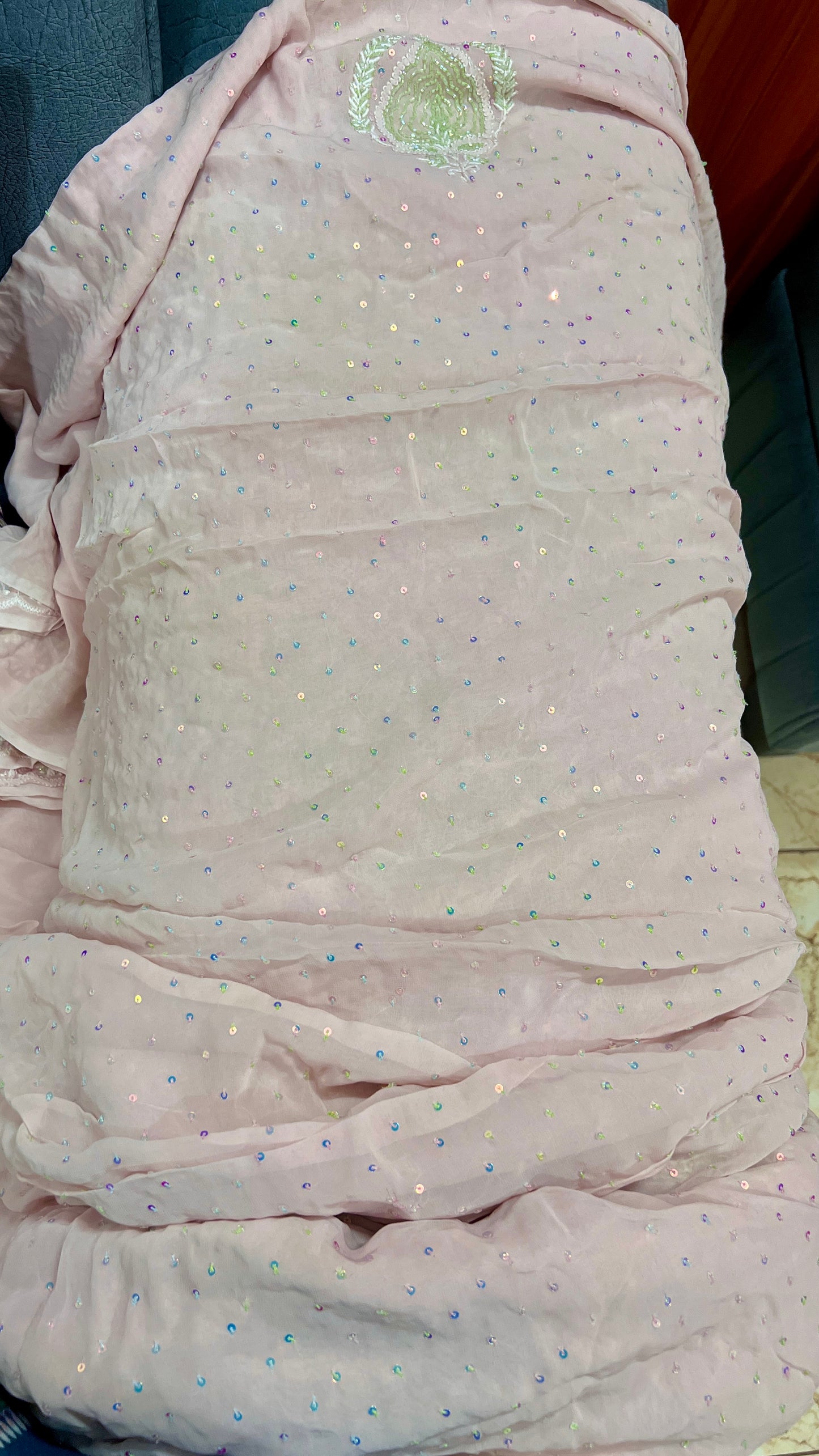 Ruhani Pink Suit with Chikankari Multicolored Sequins and Cut Dana