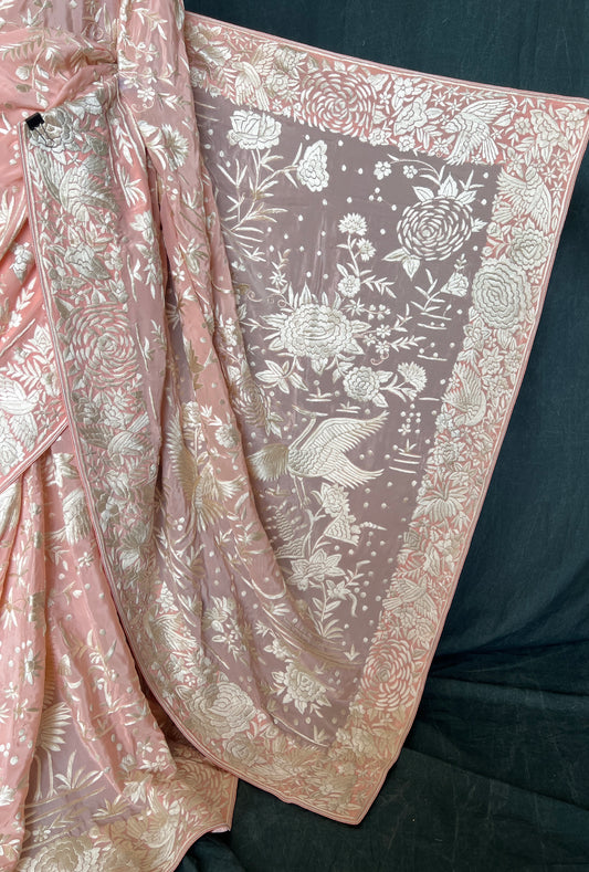 Peach Masterpiece Parsi Gara Hand Embroidered Pure Crepe Saree