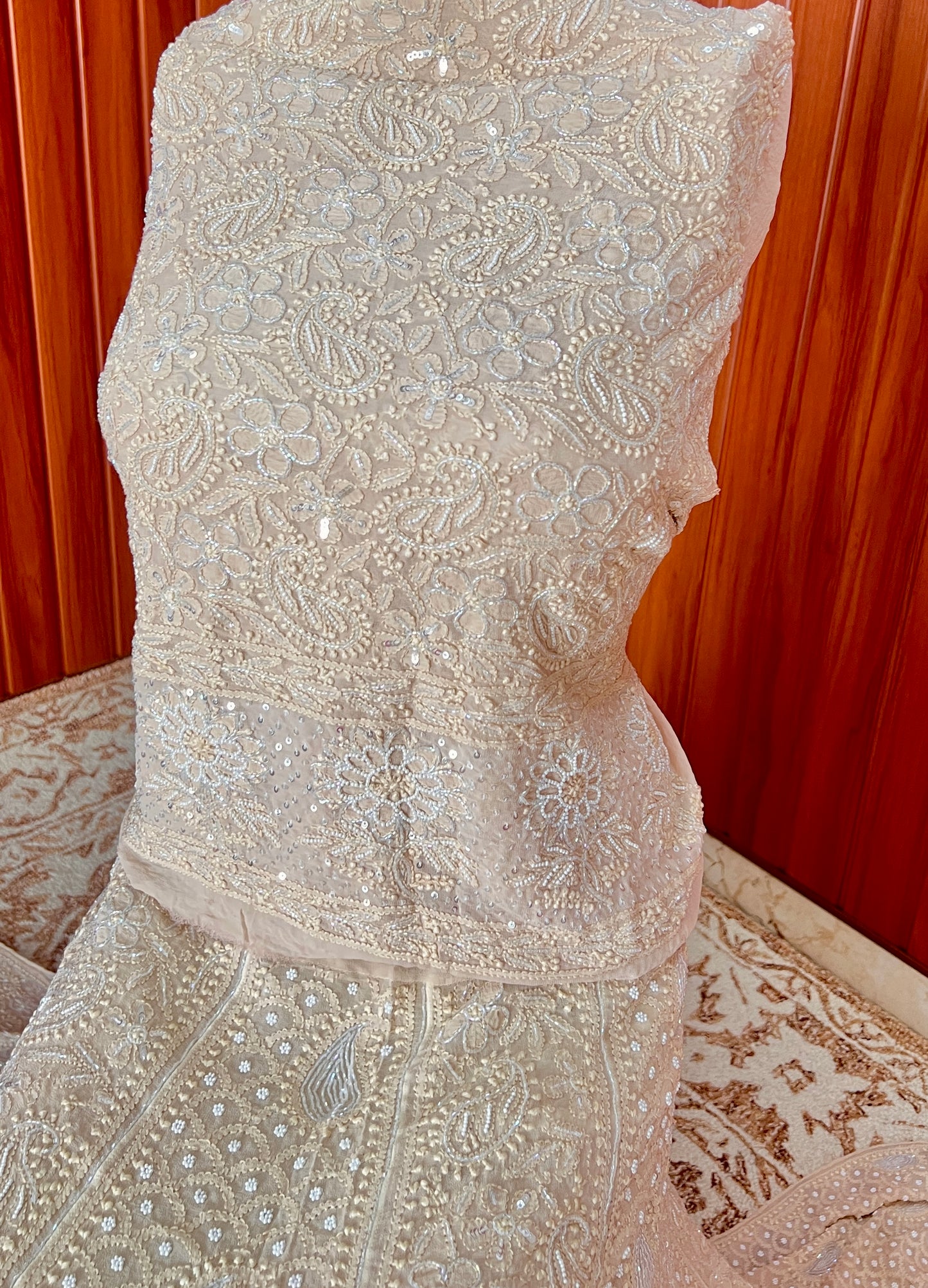 Ruhani Golden Beige Chikankari Cut Dana Pearl Sequins Wedding Lehenga