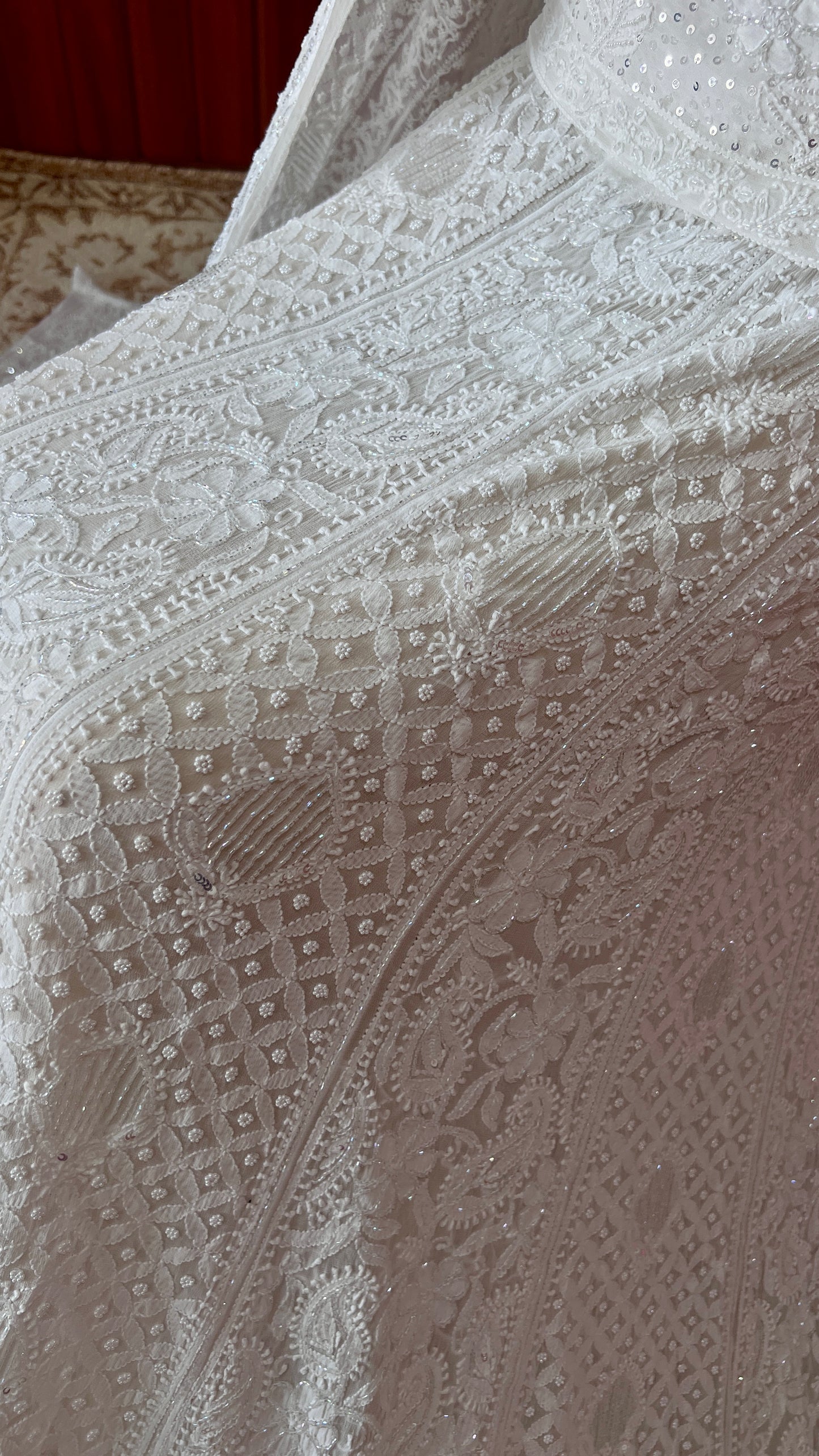 Ruhani White Chikankari Cut Dana Pearl Sequins Wedding Lehenga