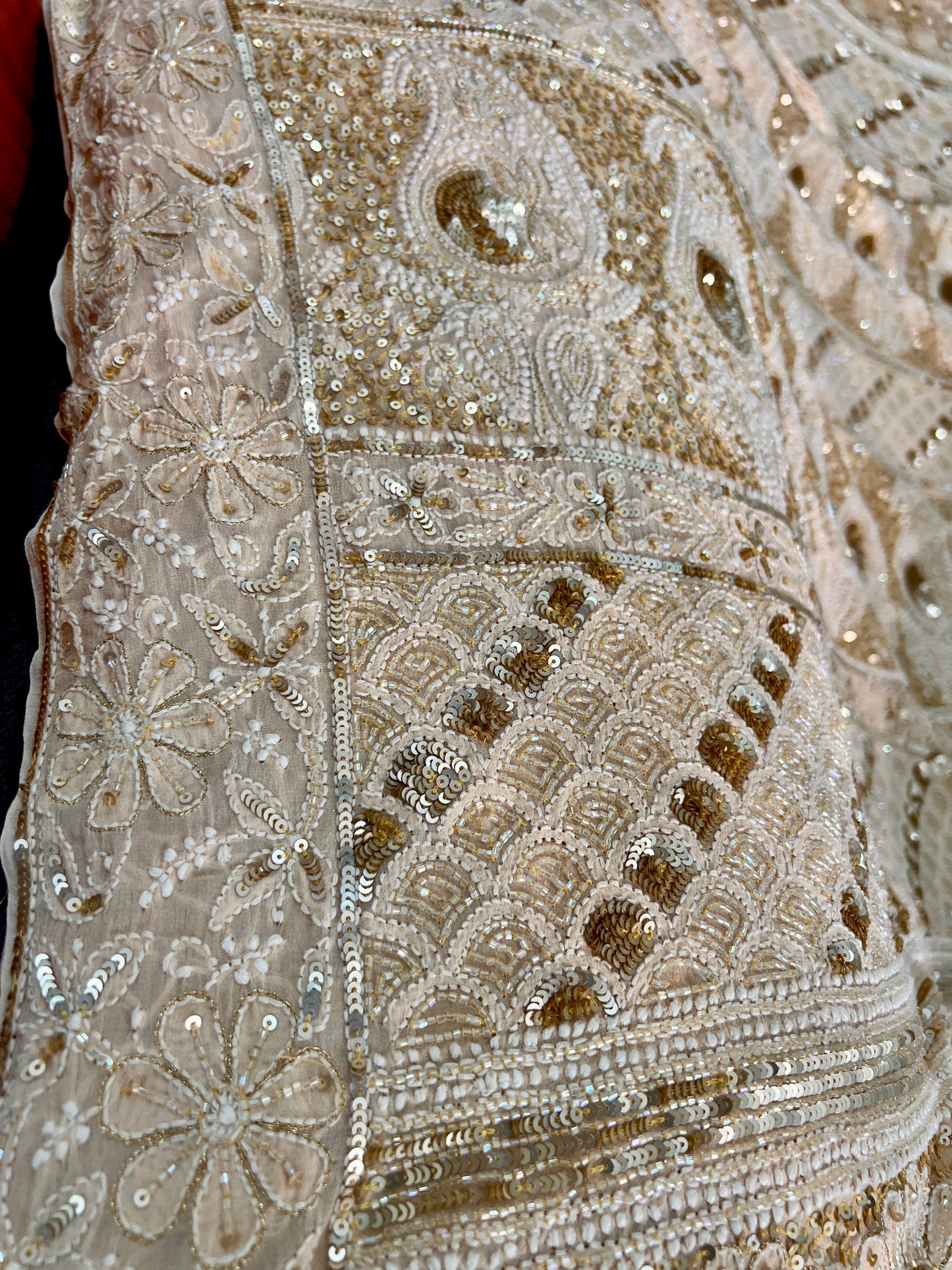 Ruhani Golden Beige Chikankari Sequins Cut Dana Embroidered Masterpiece Saree