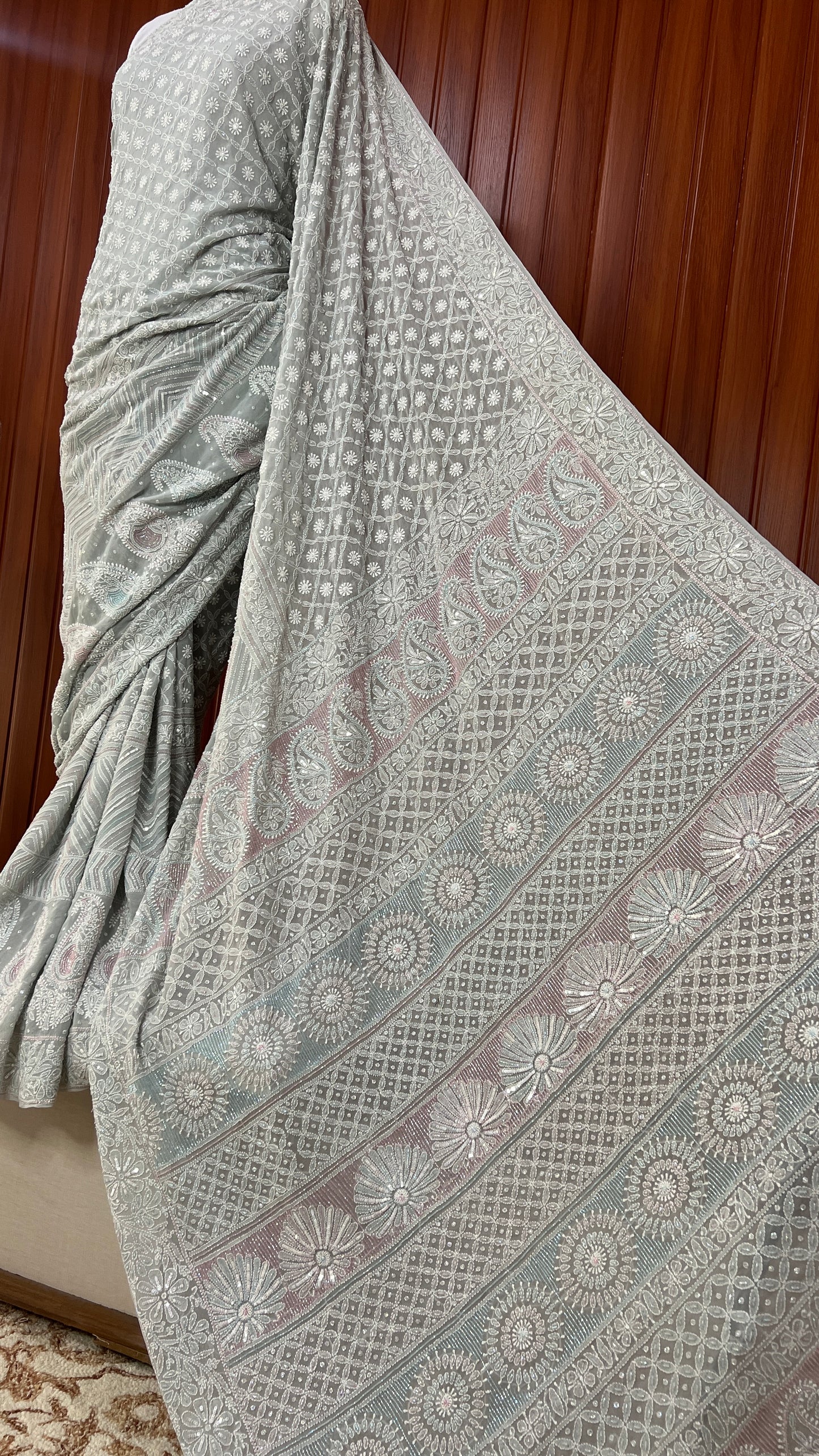 Ruhani Sage Blue Chikankari Cut Dana and Sequins Saree