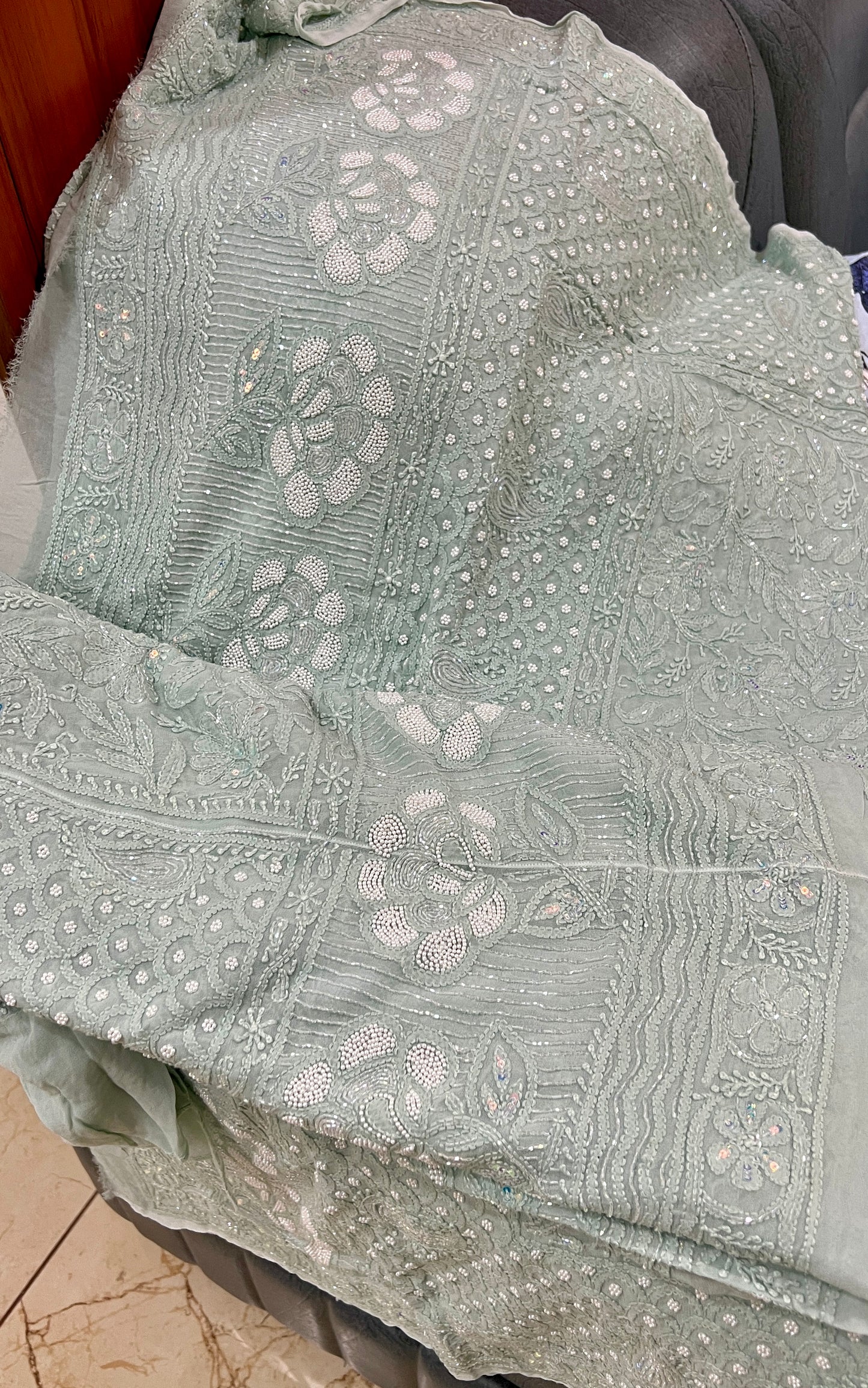 Ruhani Ice Mint Chikankari Cut Dana Pearl Sequins Wedding Lehenga