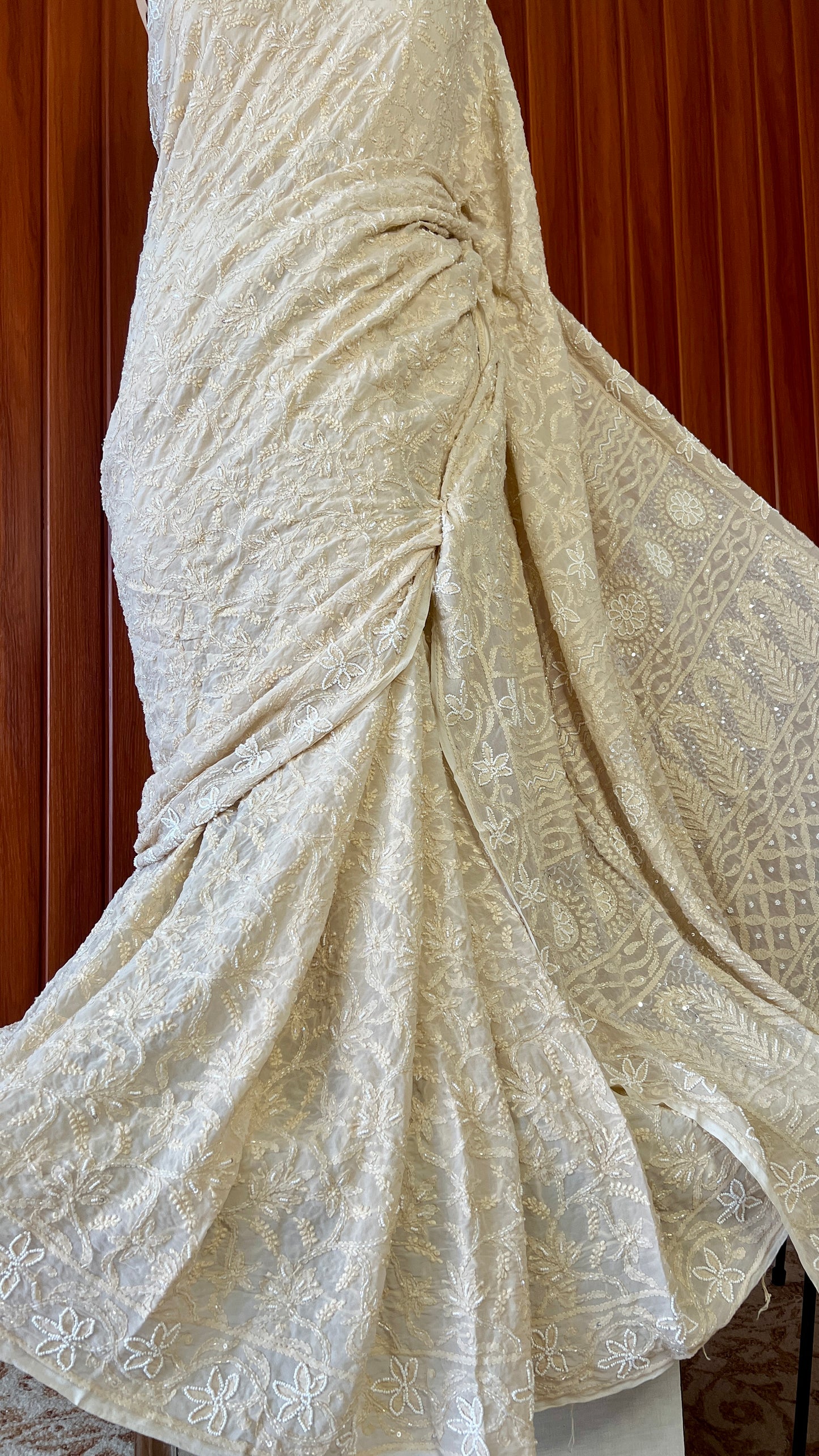 Beige Chikankari Pearl Cut Dana and Sequins Saree
