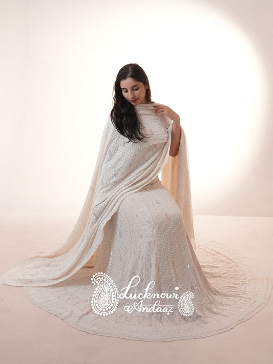 Ruhani Ivory Chikankari Pearl and Pink Cut Dana Sequins Wedding Lehenga