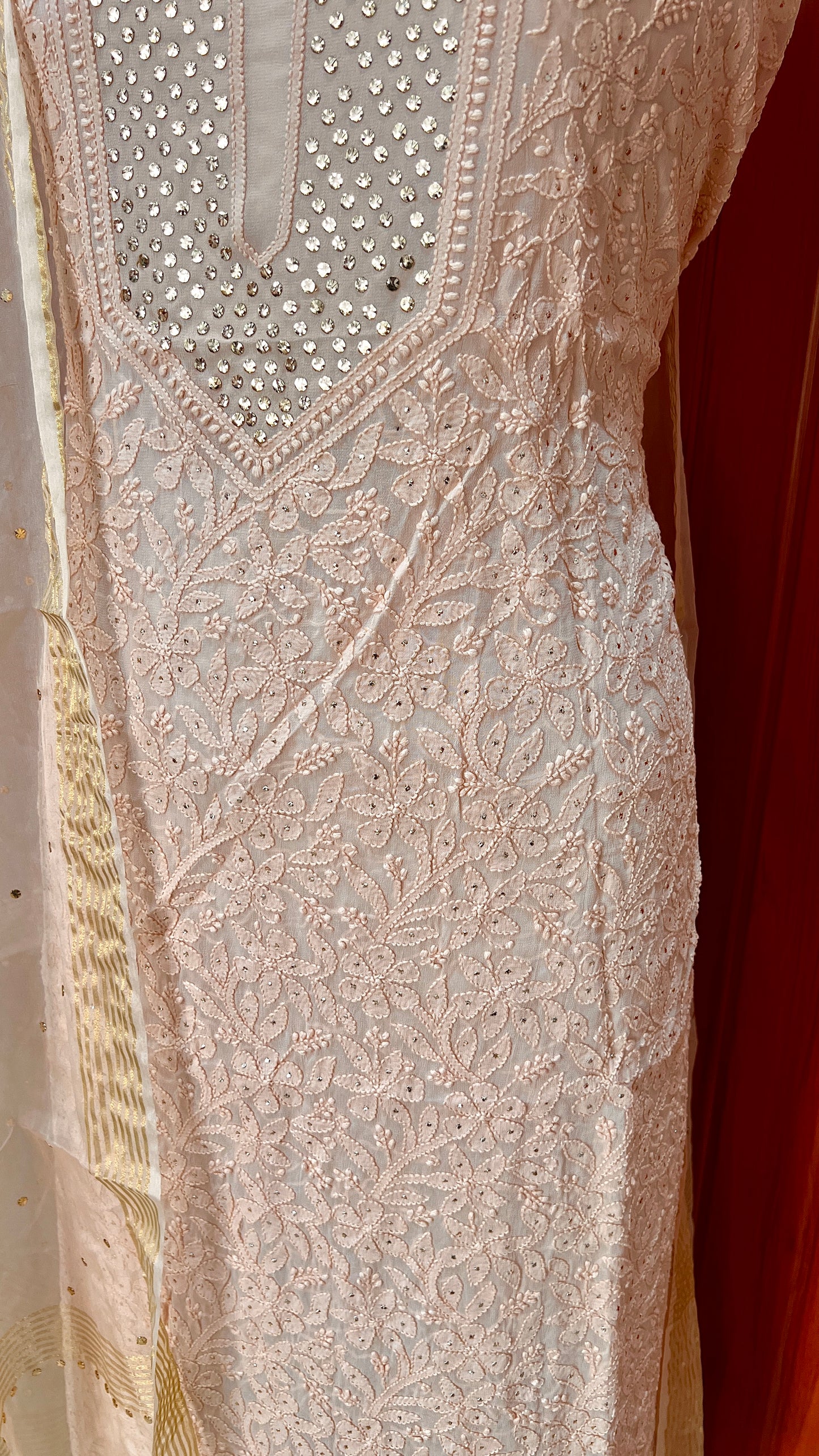 Nude Chikankari and mukaish kurta with organza dupatta