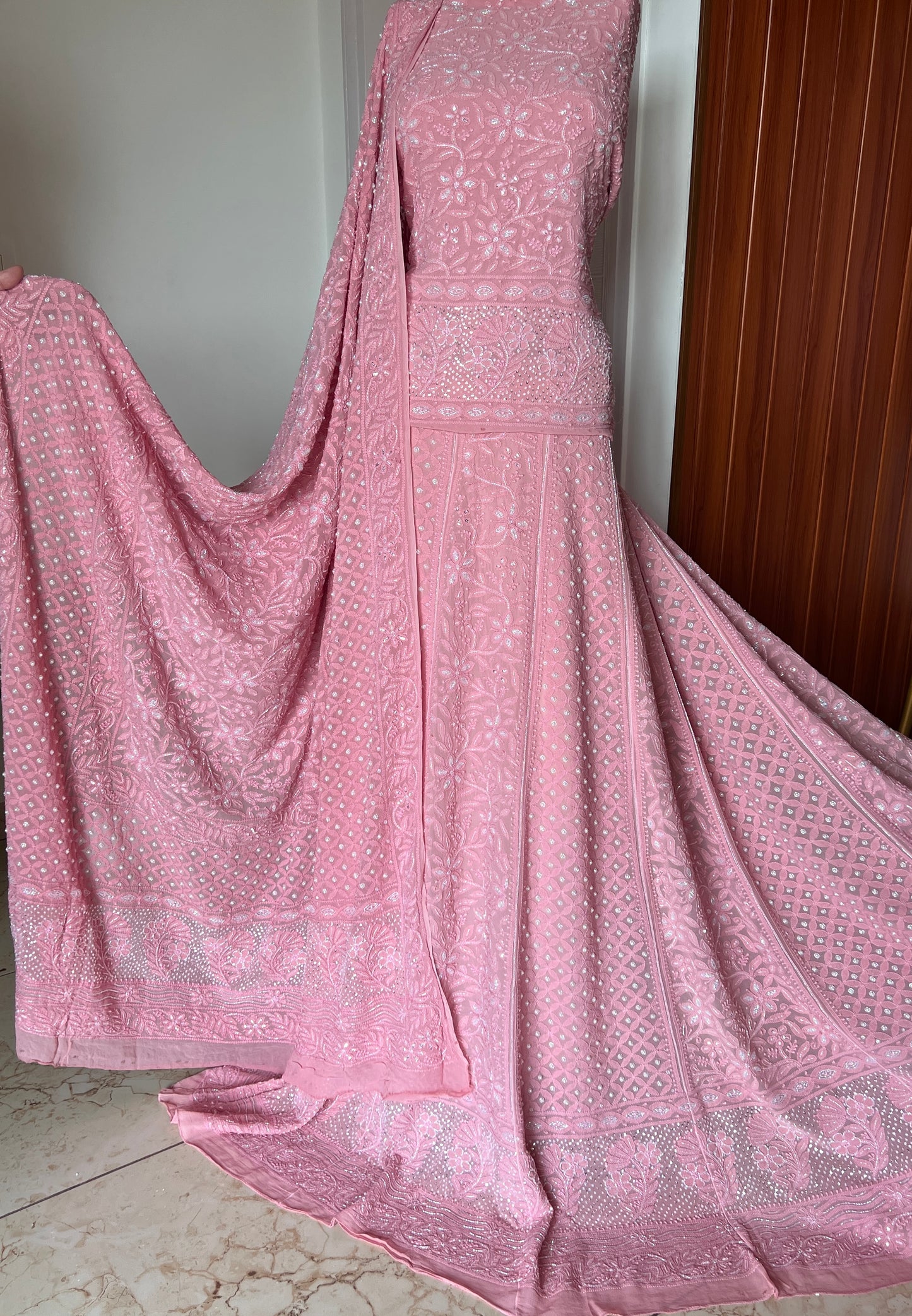 Onion pink Chikankari Cut Dana Pearl Sequins Lehenga