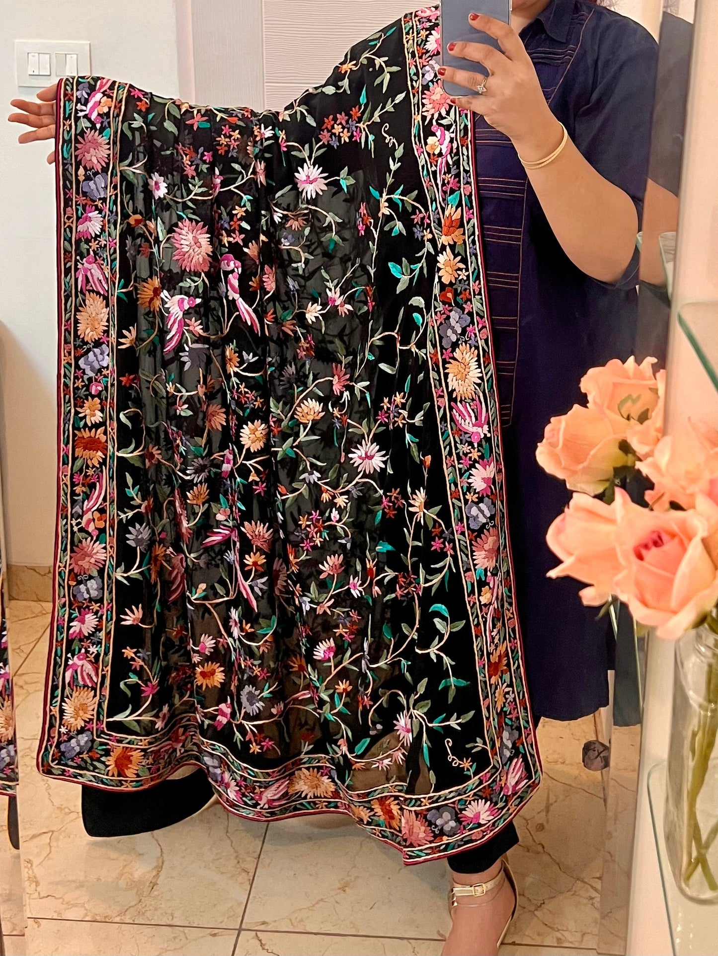 Black and Multicolored Masterpiece Parsi Gara Hand Embroidered Dupatta