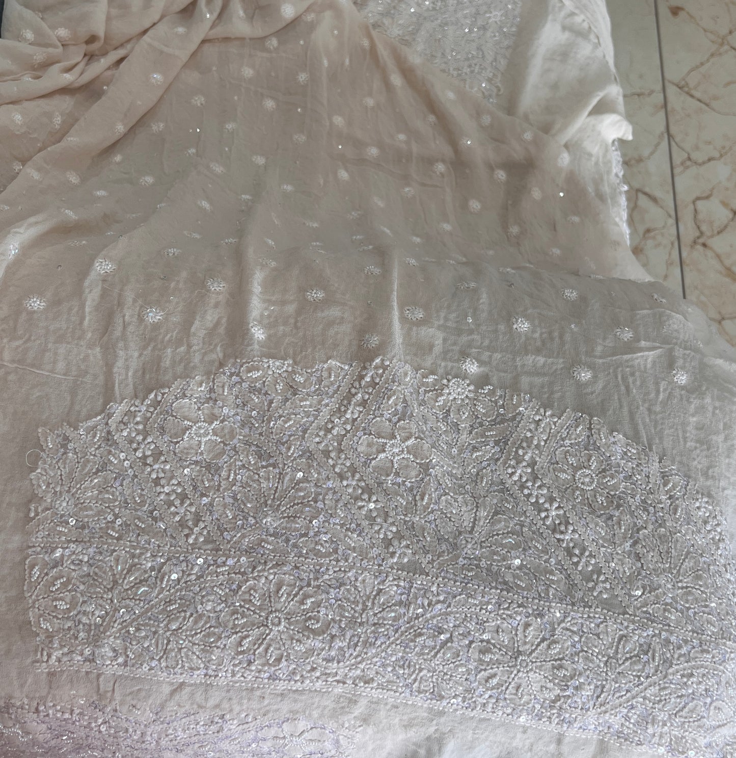 Ruhani Champagne Chikankari Cut Dana and Sequins Saree