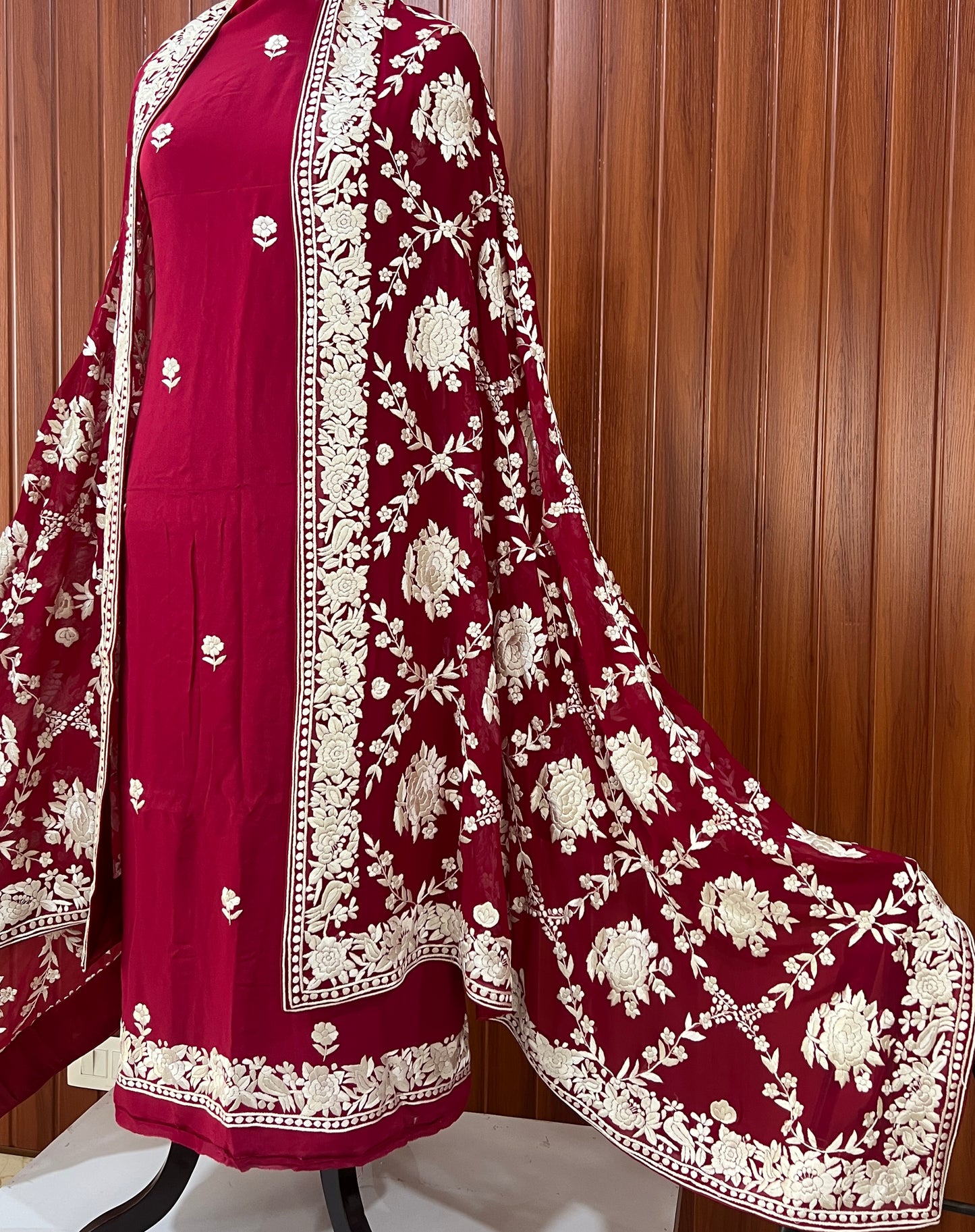 Ruby Red Masterpiece Hand Embroidered Parsi Gara full Suit
