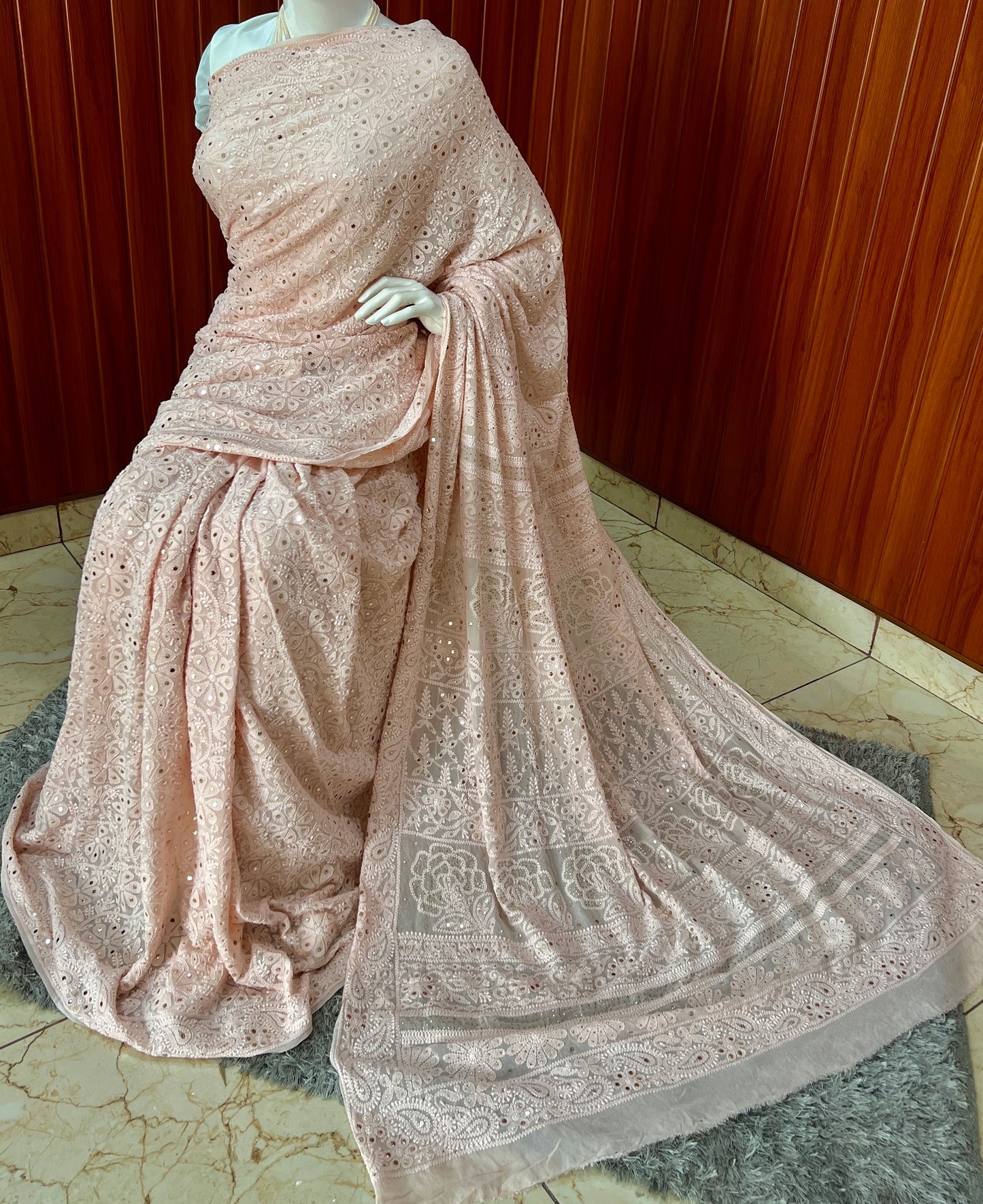 Peachy Pink Ruhani Allover Chikankari and Mukaish Saree