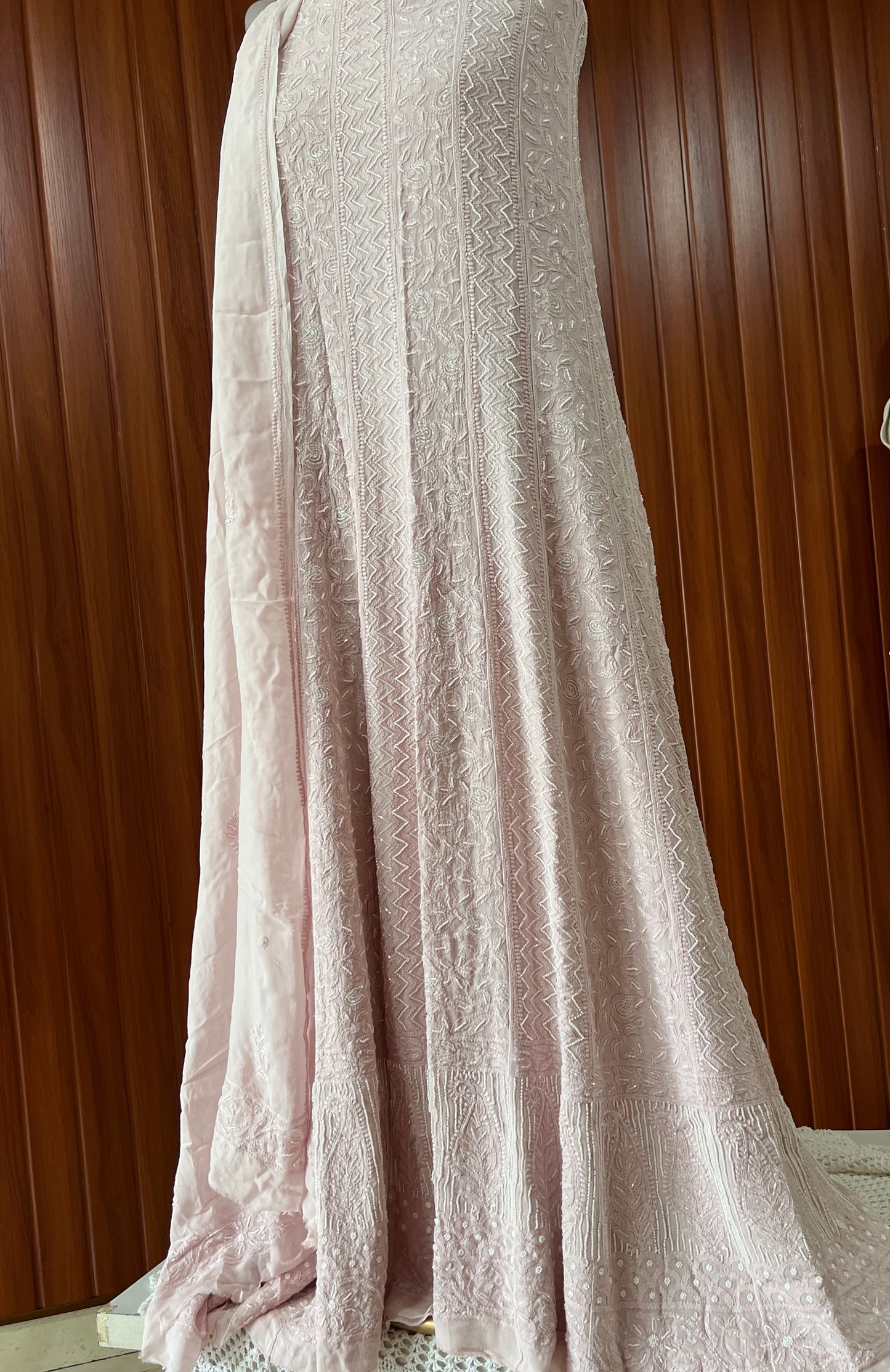 Powder pink Chikankari Cut Dana and pearl Anarkali with Dupatta