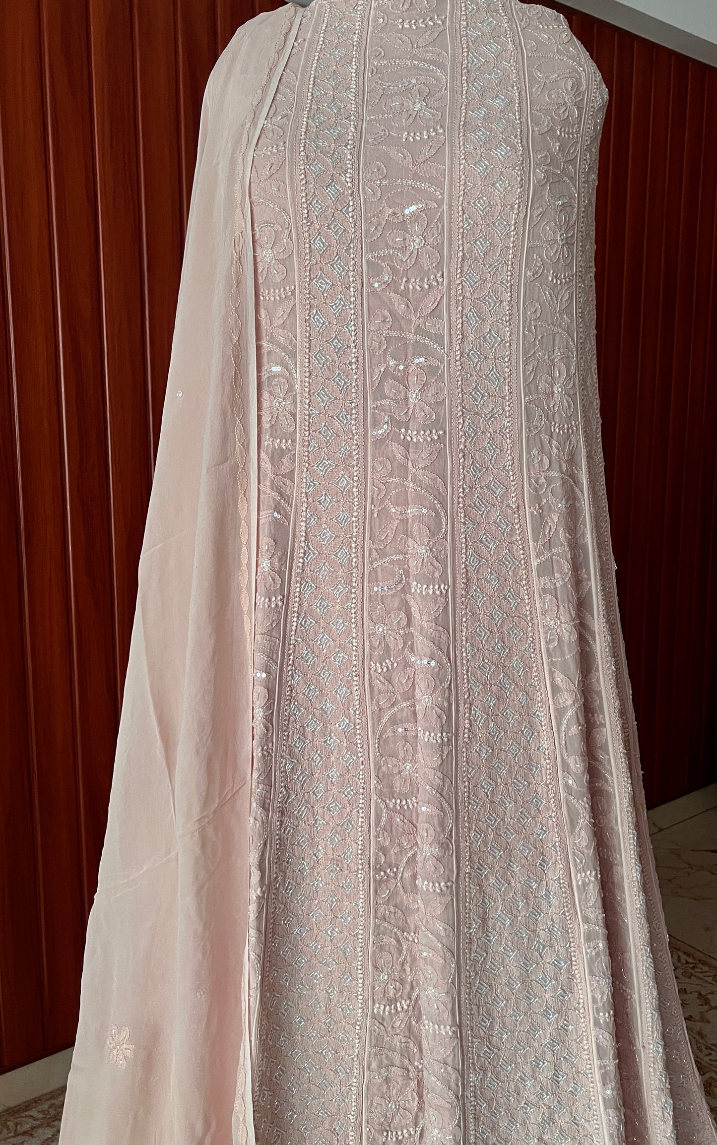 Dusty pink Chikankari and Cut Dana Embroidered Anarkali with Dupatta